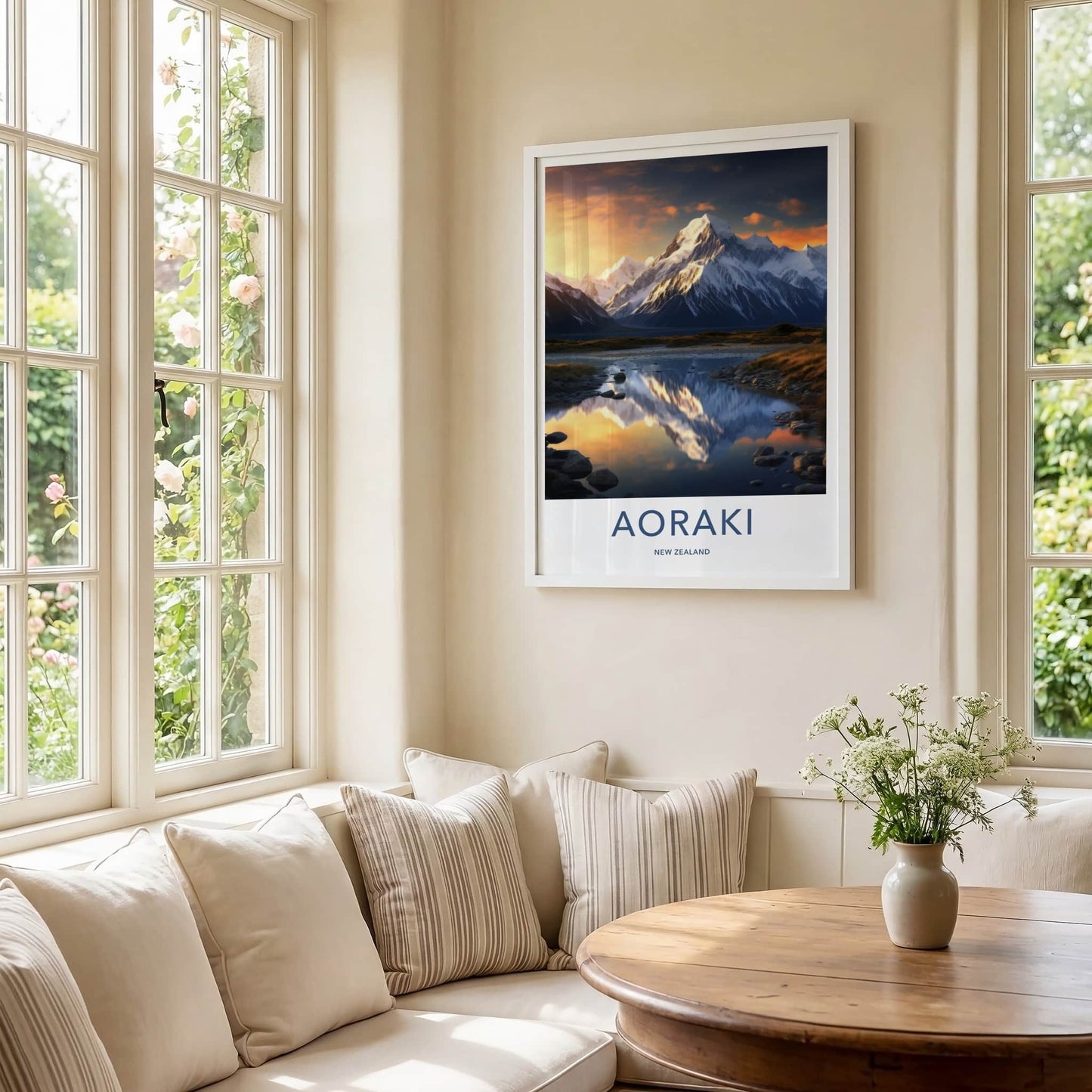 Aoraki Poster - New Zealand Travel Art - Golden Peak Reflection Home Decor