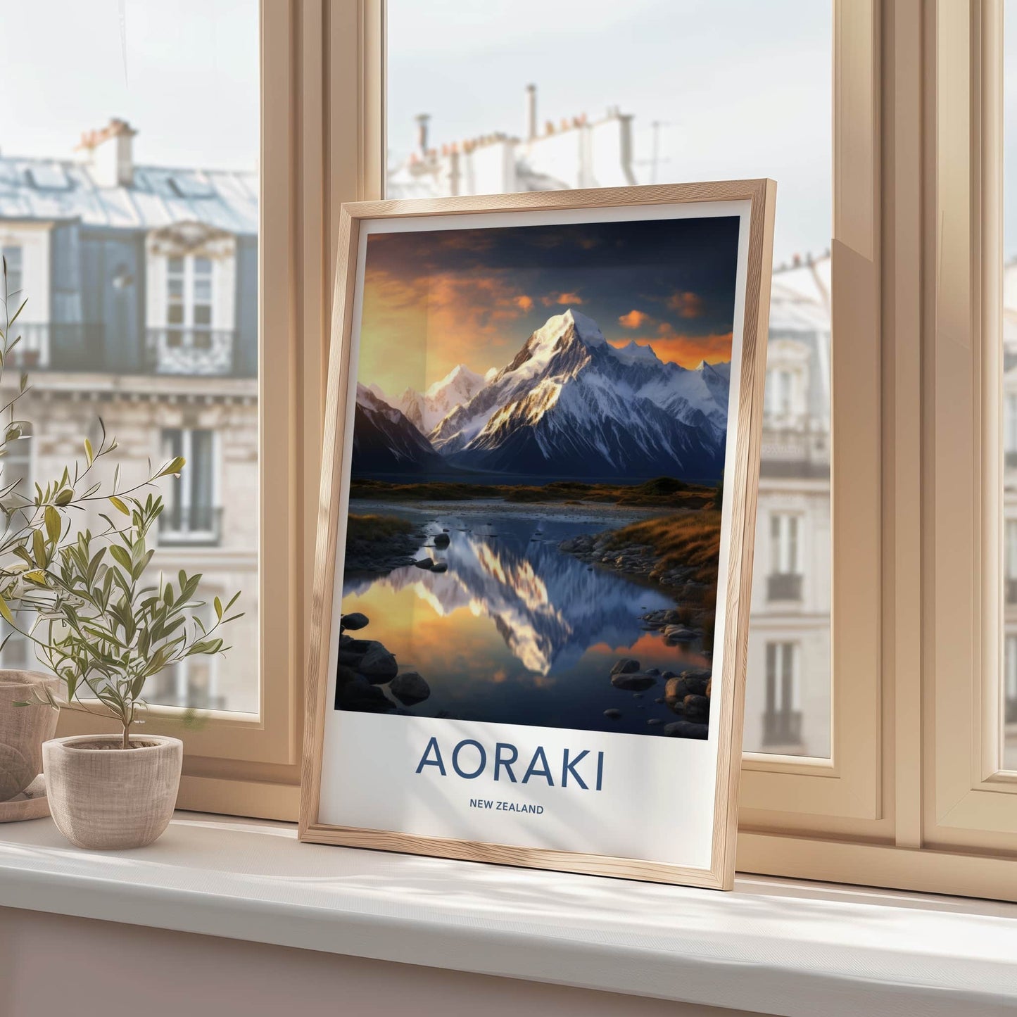Aoraki Poster - New Zealand Travel Art - Golden Peak Reflection Home Decor