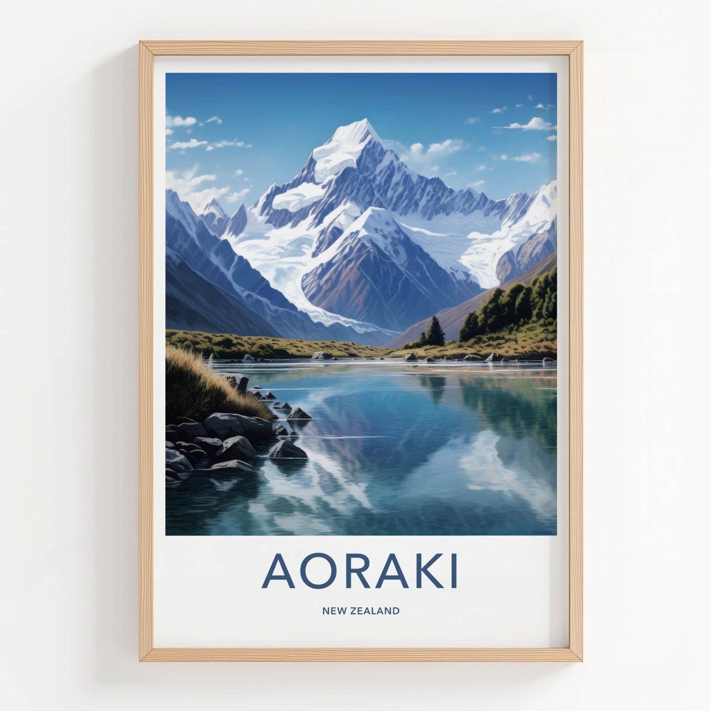 Aoraki Poster - New Zealand Travel Art - Mountain Lake Reflection Home Decor
