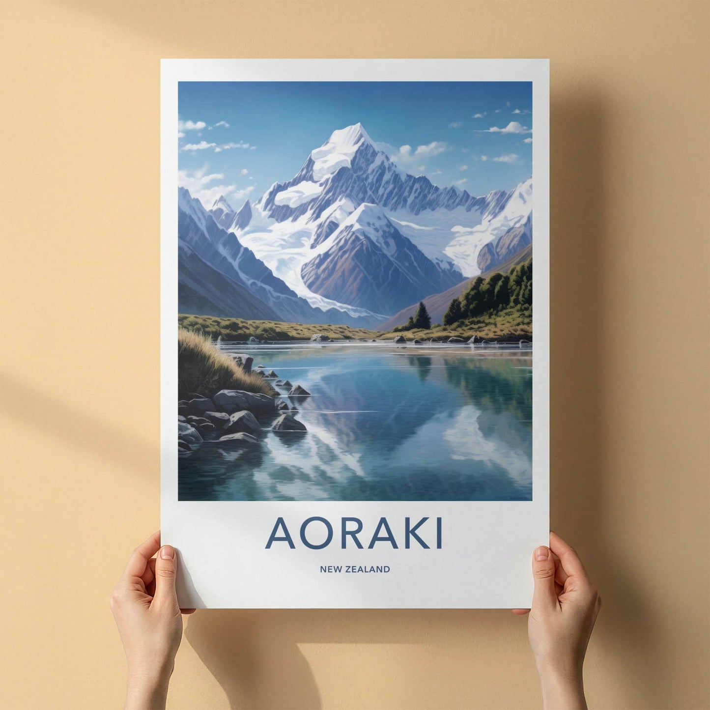 Aoraki Poster - New Zealand Travel Art - Mountain Lake Reflection Home Decor