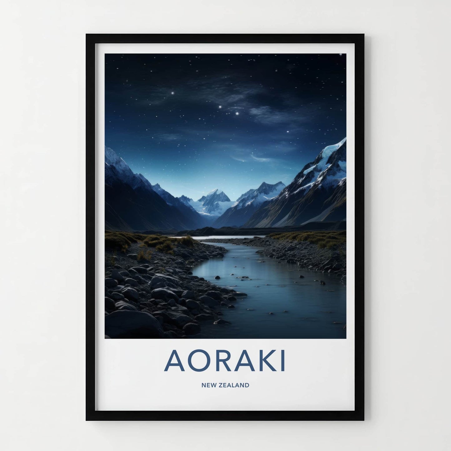 Aoraki Poster - New Zealand Travel Art - Starry Mountain River Home Decor