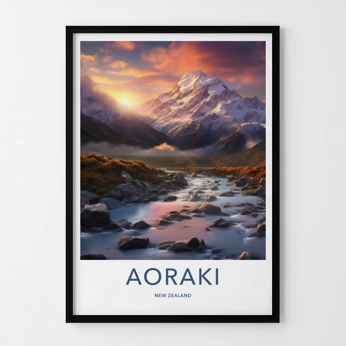 Aoraki Poster - New Zealand Travel Art - Sunset Mountain River Home Decor