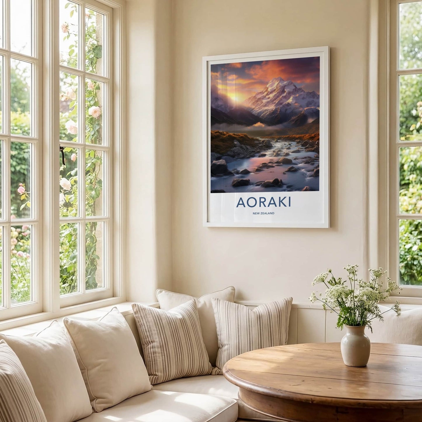 Aoraki Poster - New Zealand Travel Art - Sunset Mountain River Home Decor