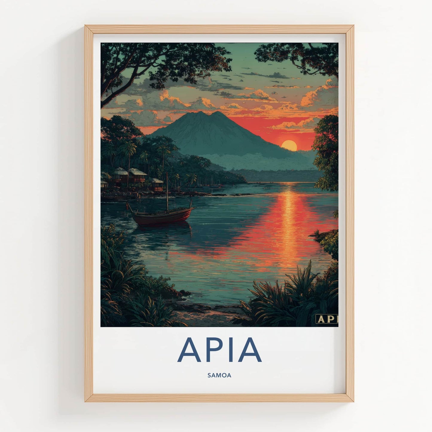 Apia Poster - Samoa Travel Art - Mountain Lakeside Sunset Lounge Decor