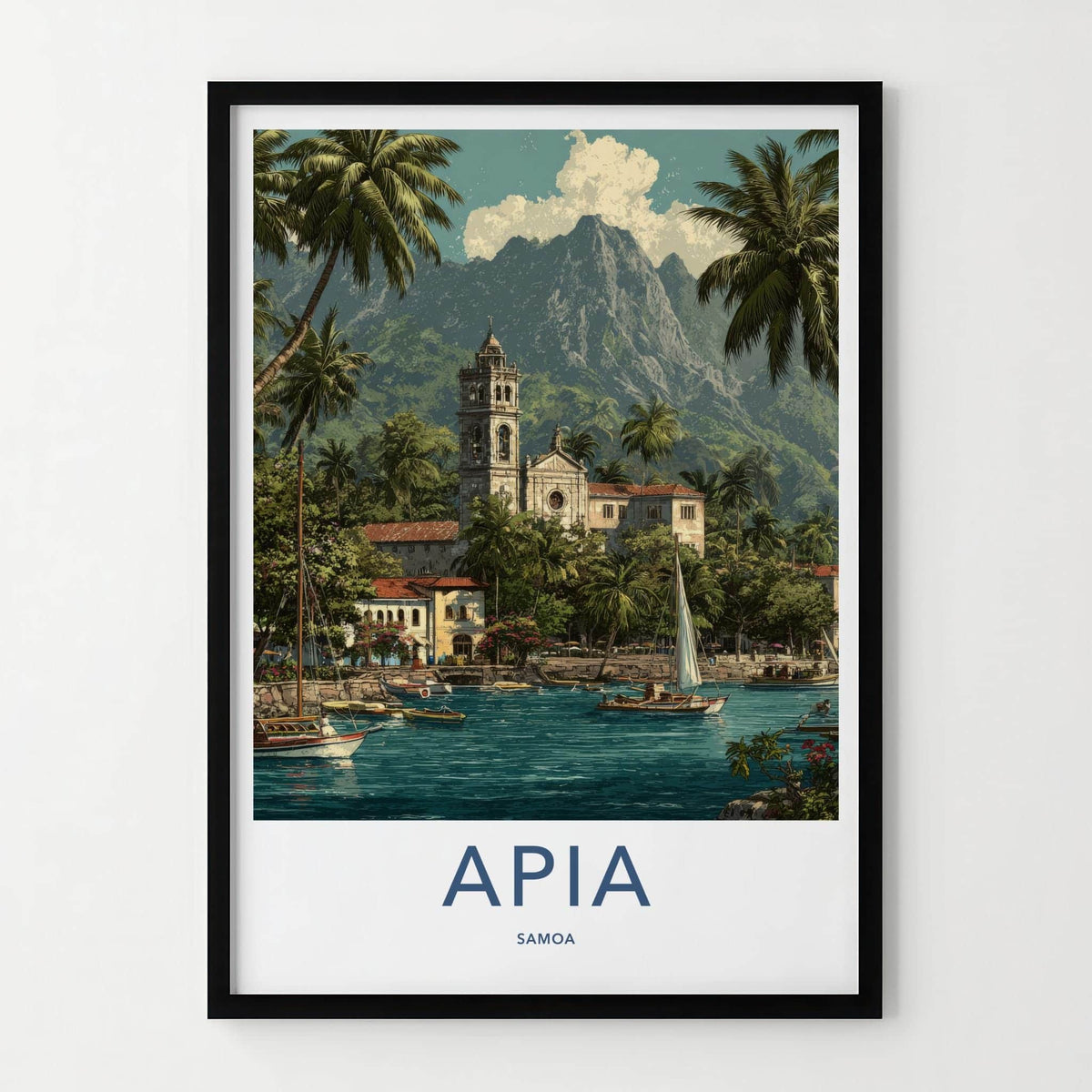 Apia Poster - Samoa Travel Art - Tropical Harbor Church Wall Decor