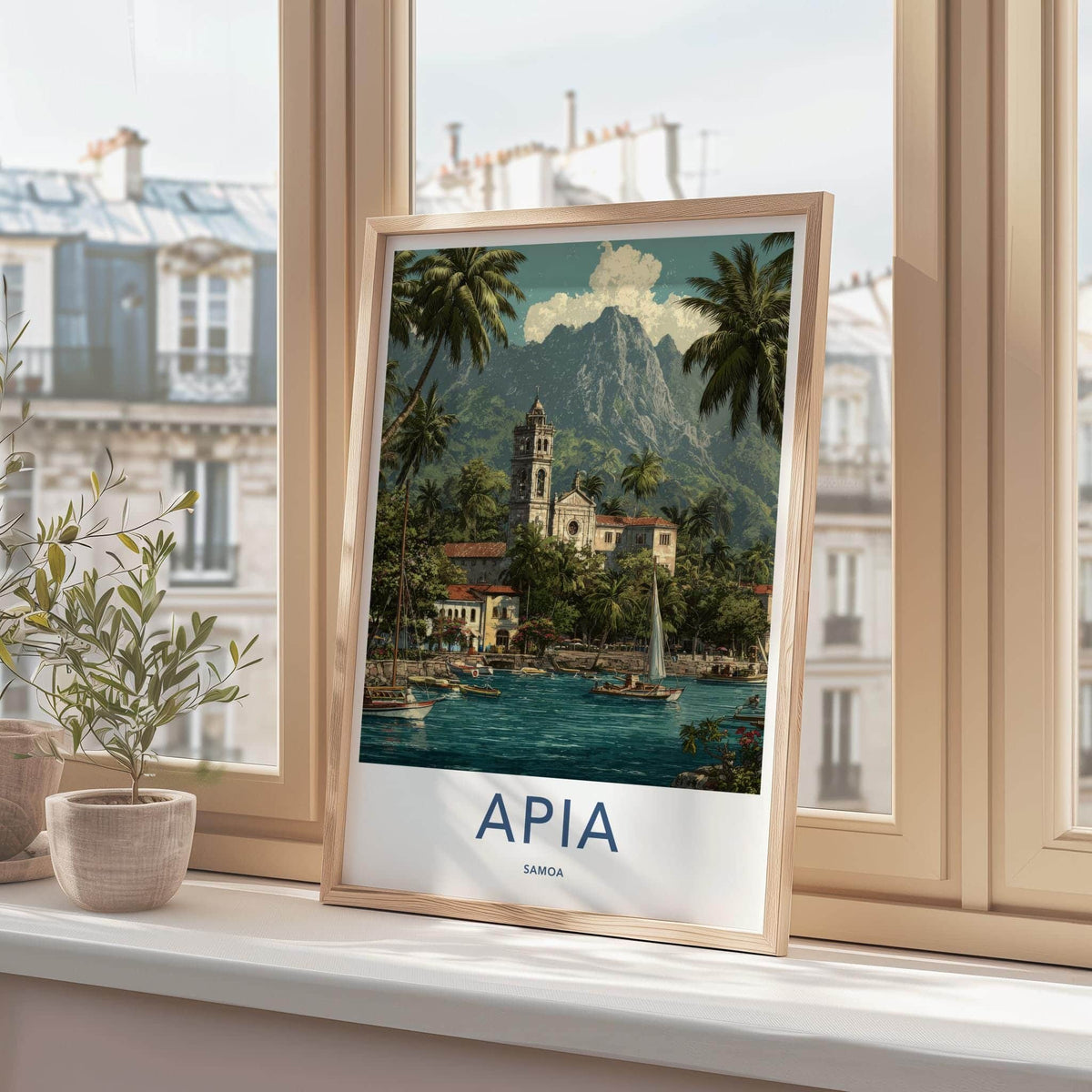 Apia Poster - Samoa Travel Art - Tropical Harbor Church Wall Decor