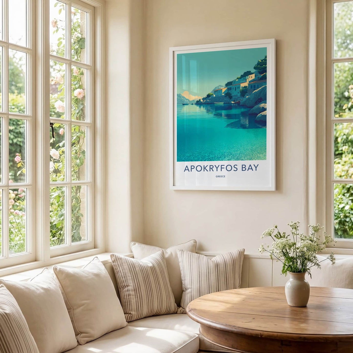 Apokryfos Bay Poster Greece Crystal Water Houses Framed Art