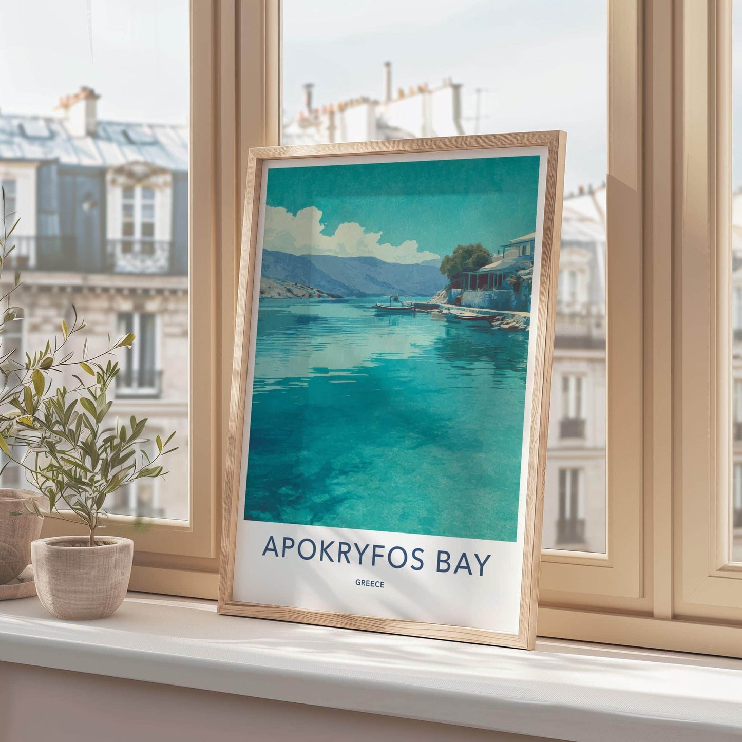 Apokryfos Bay Poster - Greece Travel Print - Clear Water Boats Wall Decor
