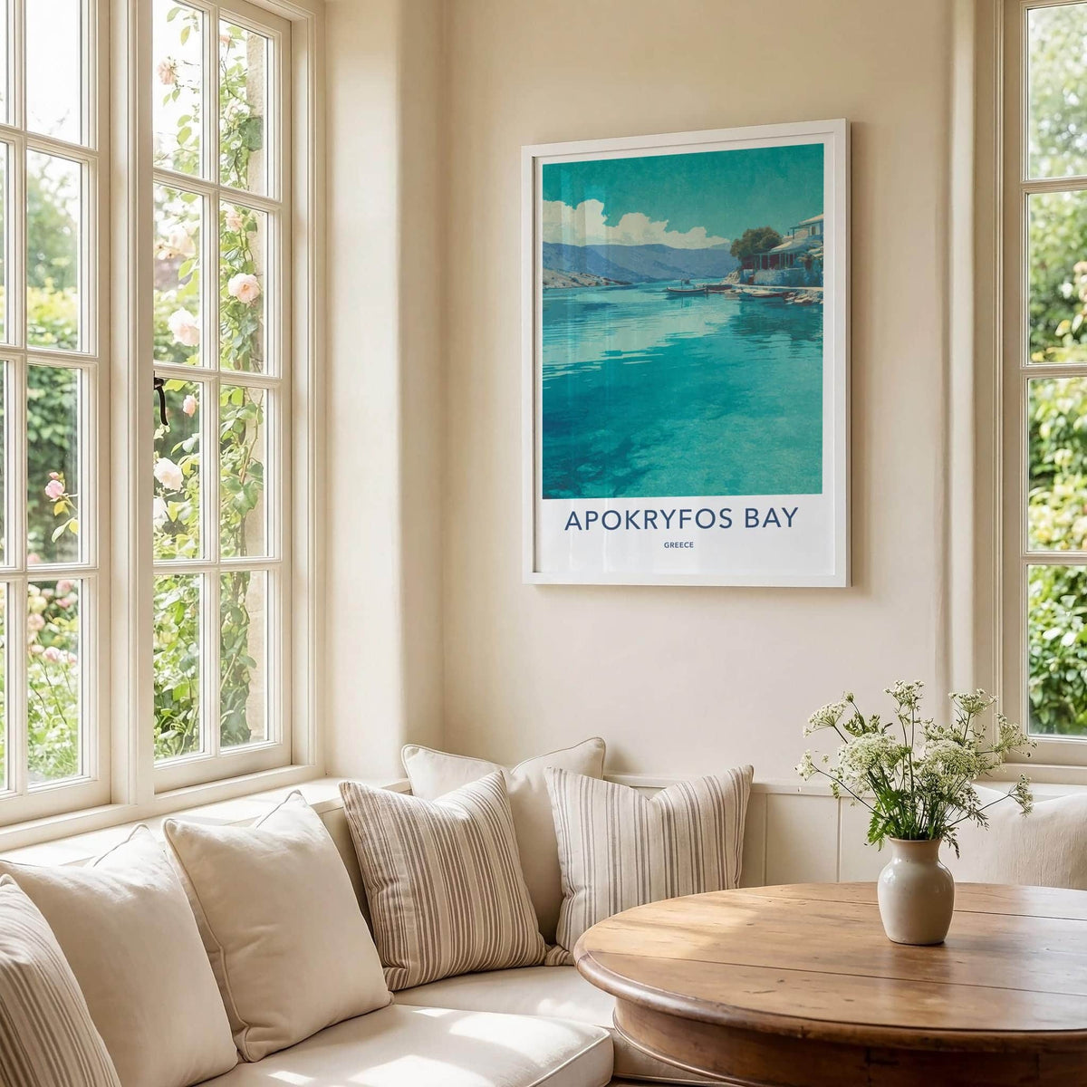 Apokryfos Bay Poster - Greece Travel Print - Clear Water Boats Wall Decor