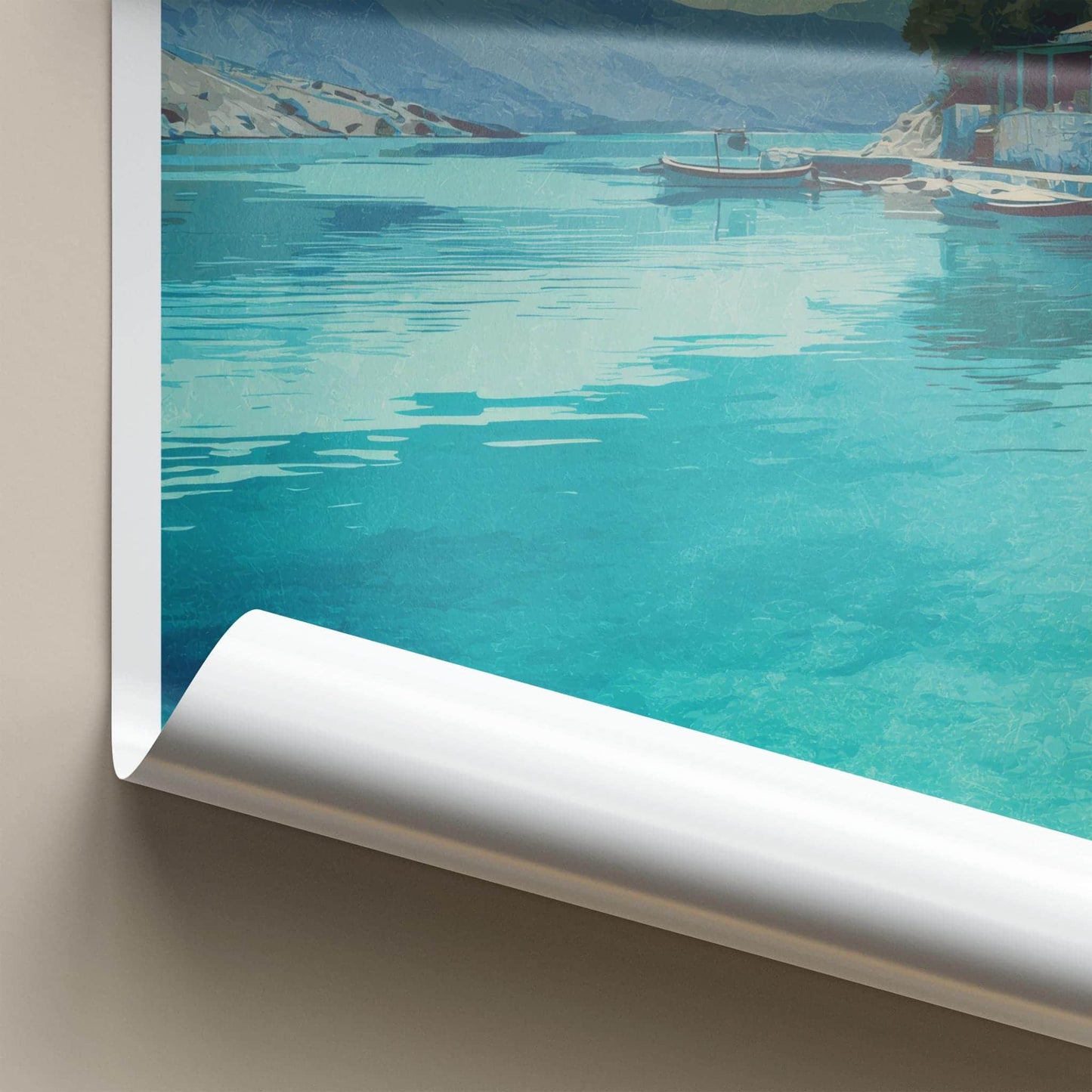 Apokryfos Bay Poster - Greece Travel Print - Clear Water Boats Wall Decor