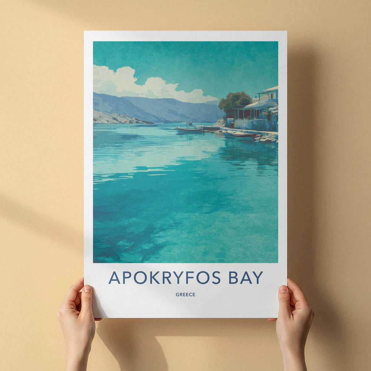 Apokryfos Bay Poster - Greece Travel Print - Clear Water Boats Wall Decor