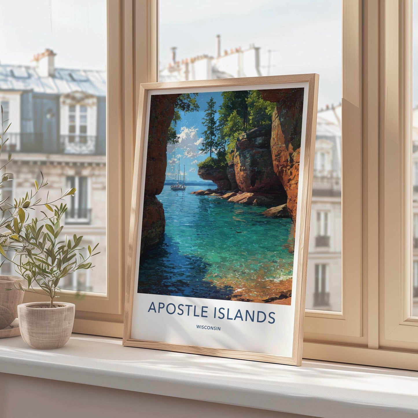 Apostle Islands Poster - Wisconsin Travel Art - Sailboat Red Cliffs Wall Decor