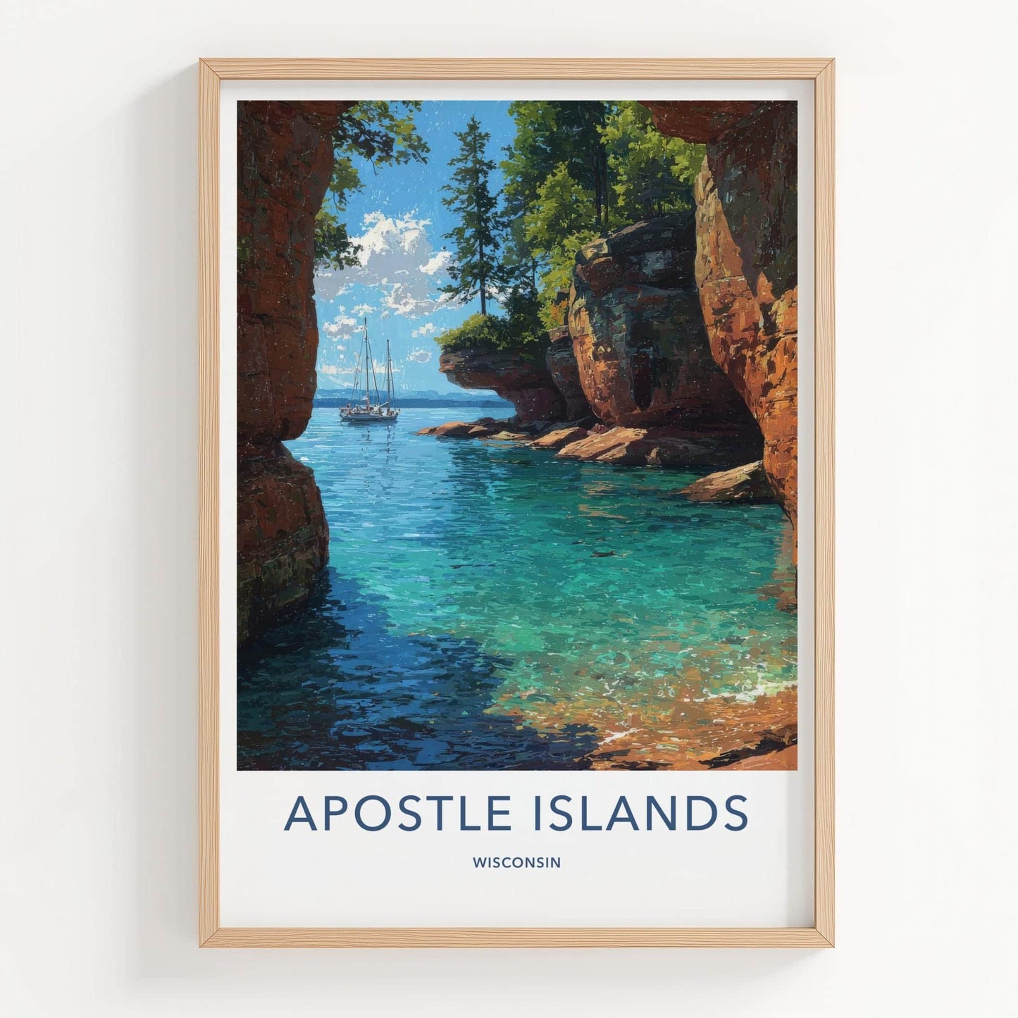 Apostle Islands Poster - Wisconsin Travel Art - Sailboat Red Cliffs Wall Decor