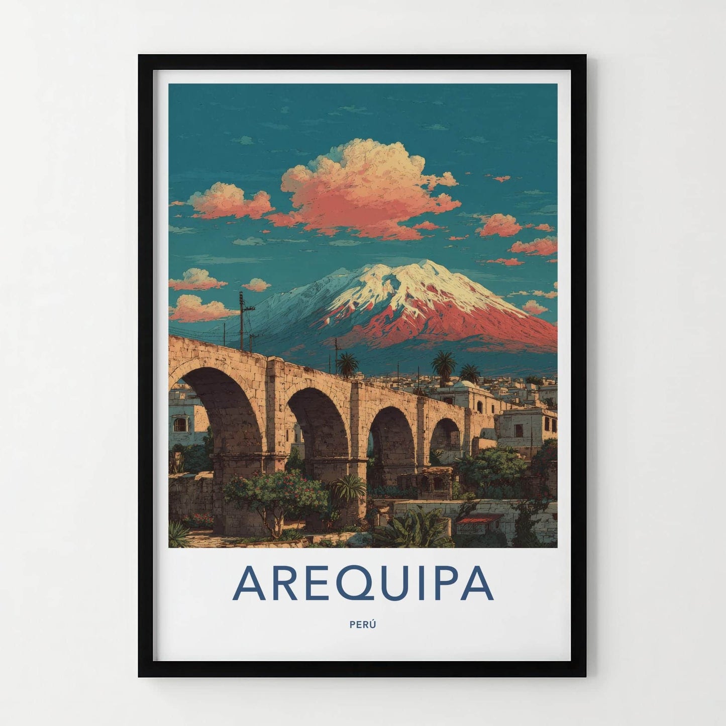 Arequipa Poster - Peru Travel Art - Arched Bridge Volcano Wall Decor