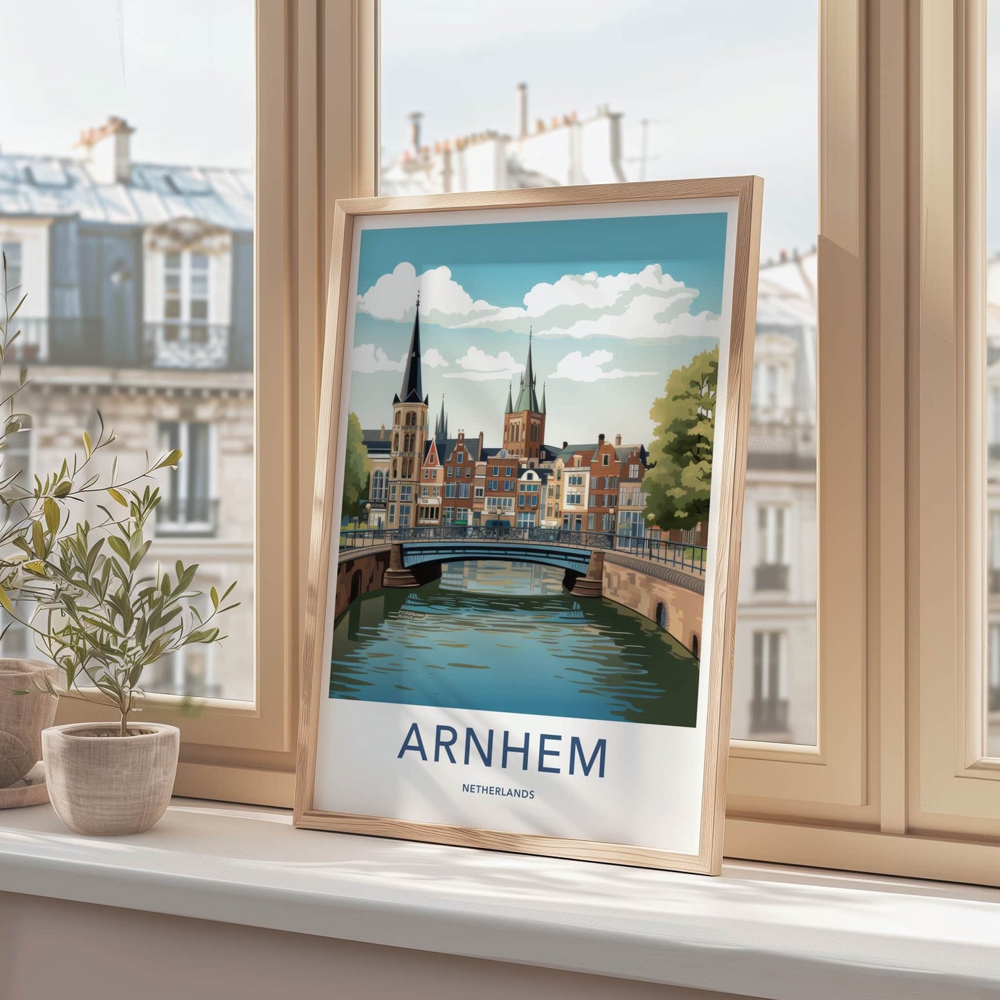 Arnhem Poster - Netherlands Travel Art - Canal Cityscape Bridge Home Decor
