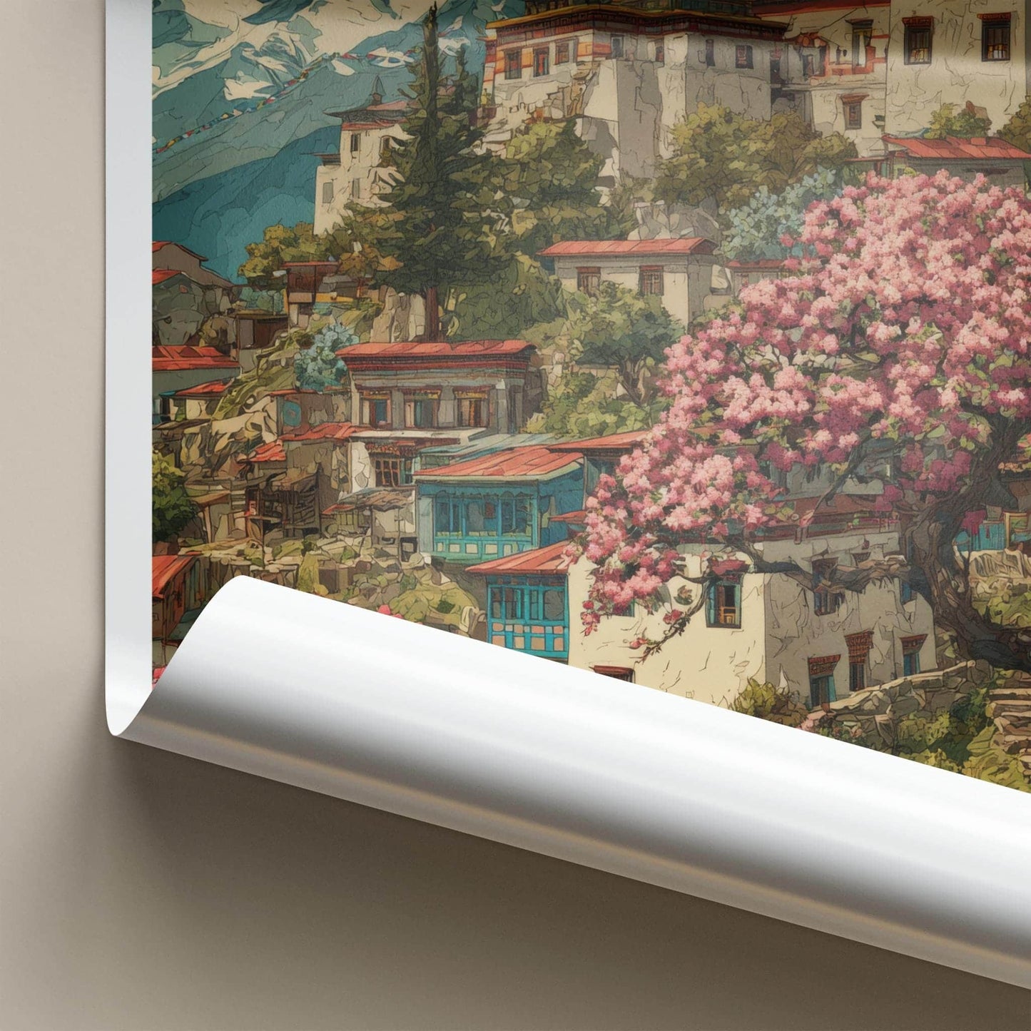 Arunachal Pradesh Poster - India Travel Art - Himalayan village blossoms Wall Decor