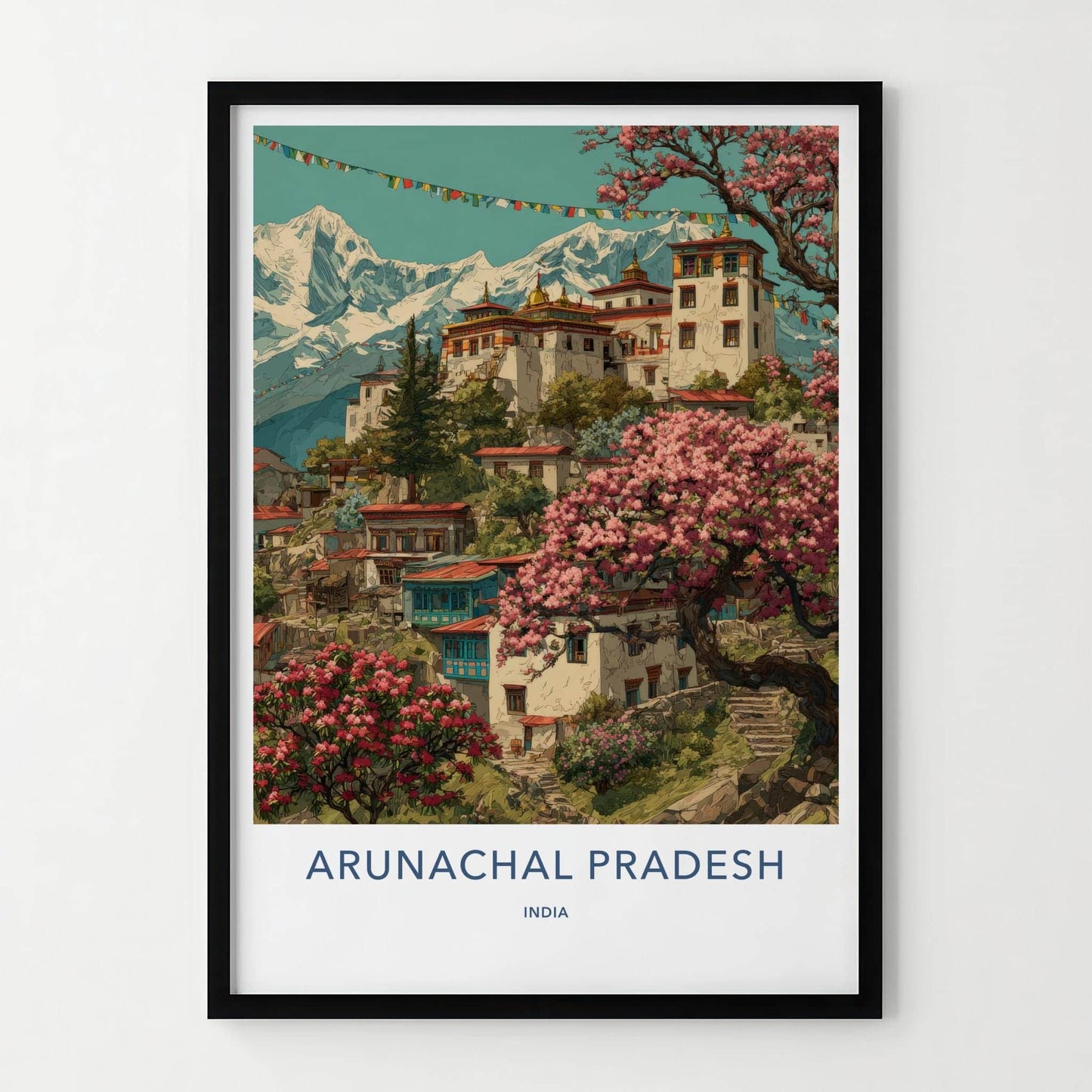 Arunachal Pradesh Poster - India Travel Art - Himalayan village blossoms Wall Decor