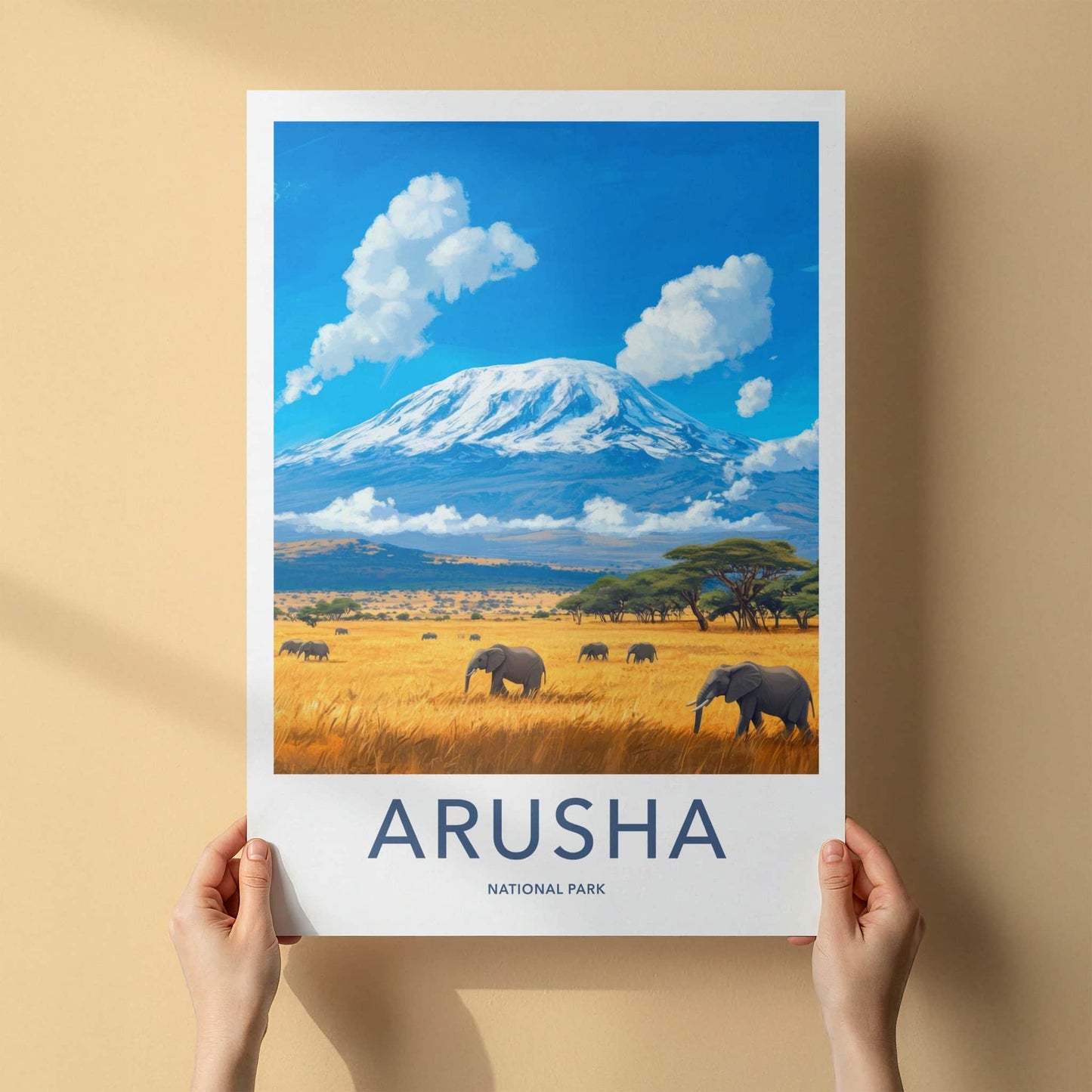 Arusha National Park Poster - Tanzania Wall Art - Elephants Golden Savanna Gift