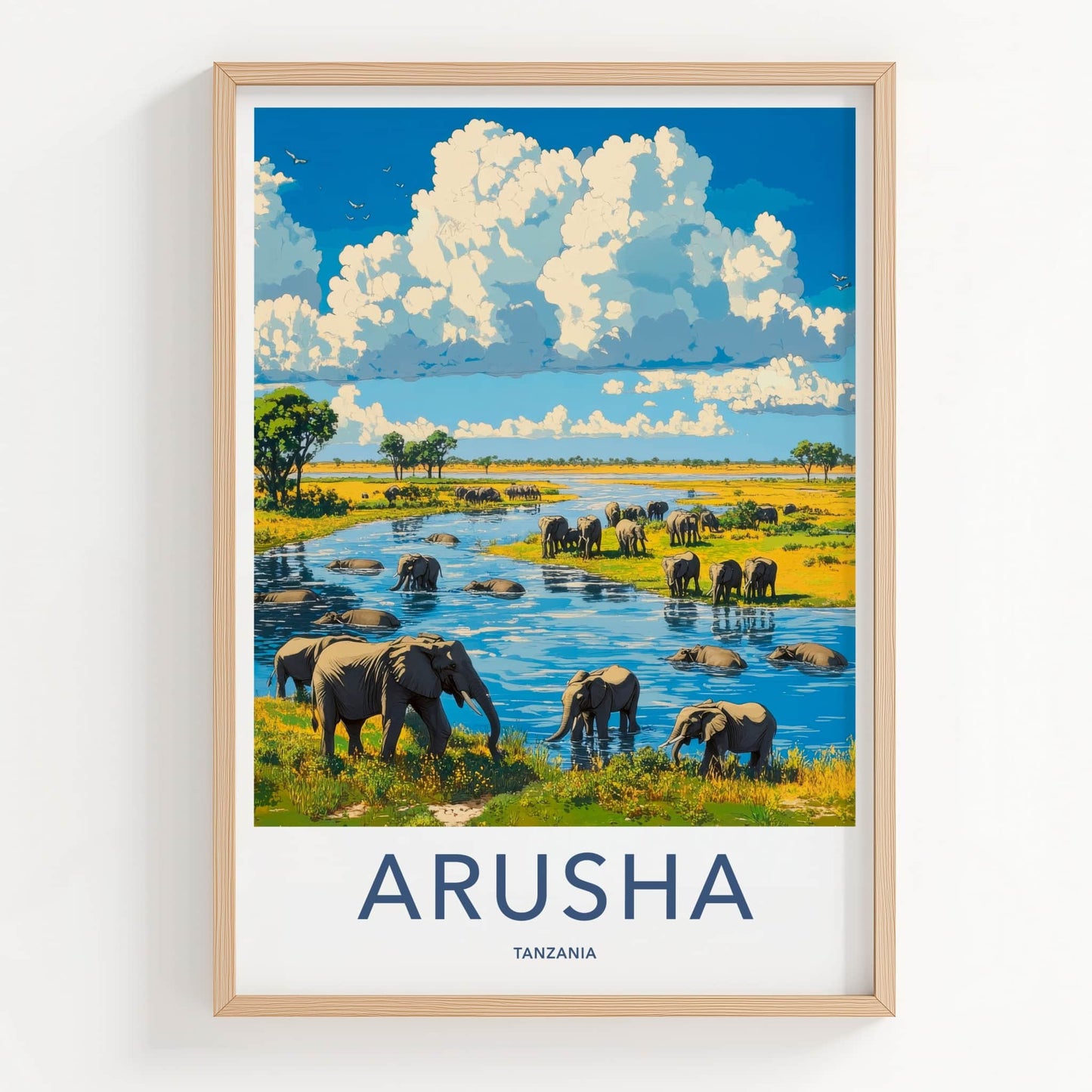 Arusha Poster - Tanzania Travel Art - Elephants River Crossing Home Decor