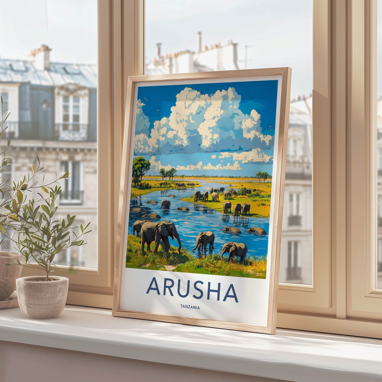 Arusha Poster - Tanzania Travel Art - Elephants River Crossing Home Decor