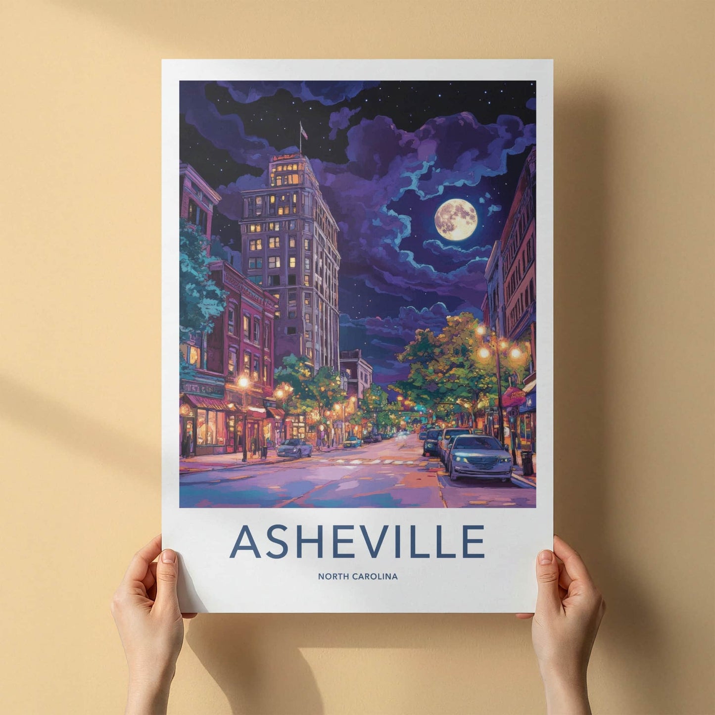 Asheville Poster - North Carolina Travel Art - City Night Moon Home Decor