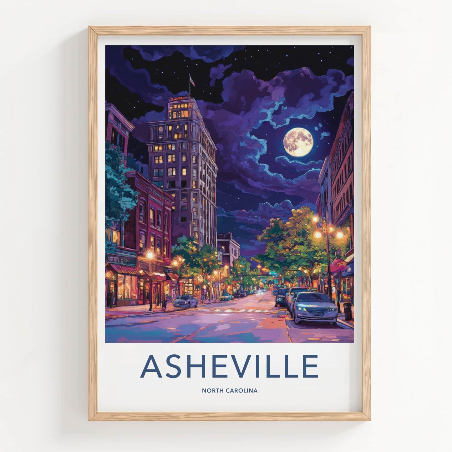 Asheville Poster - North Carolina Travel Art - City Night Moon Home Decor