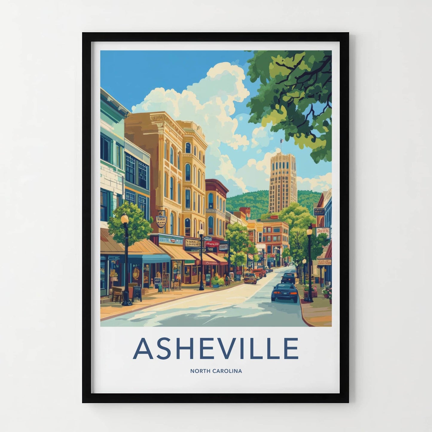 Asheville Poster - North Carolina Travel Art - Downtown Building Shops Home Decor