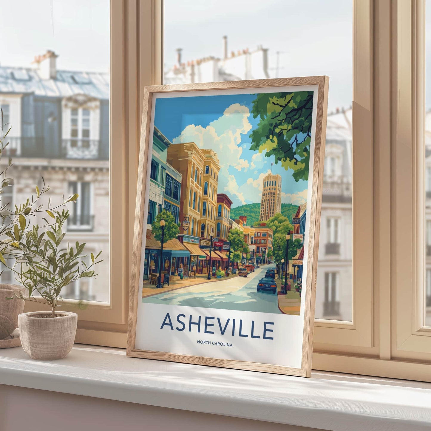 Asheville Poster - North Carolina Travel Art - Downtown Building Shops Home Decor