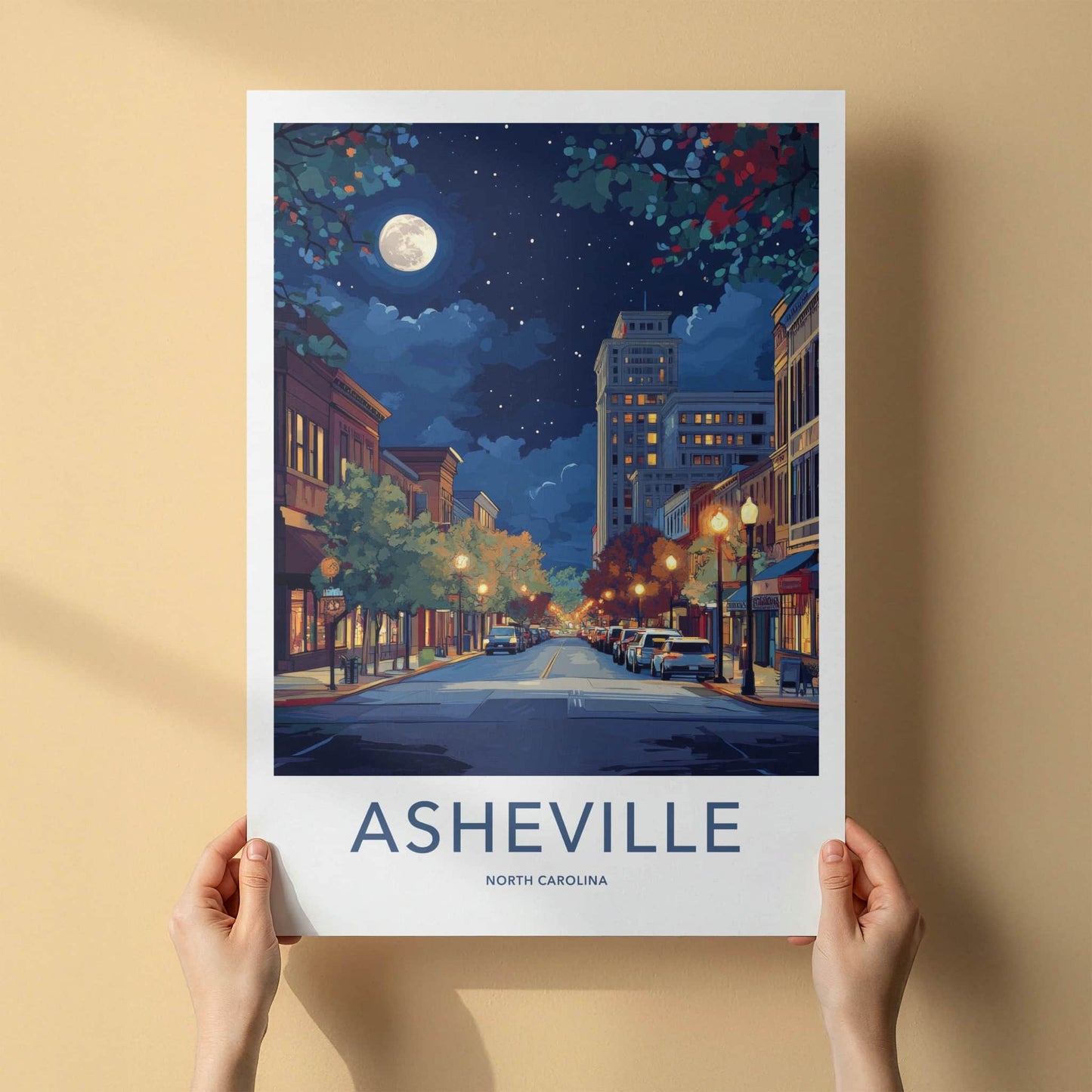 Asheville Poster - North Carolina Wall Art - Moonlit City Street Home Decor