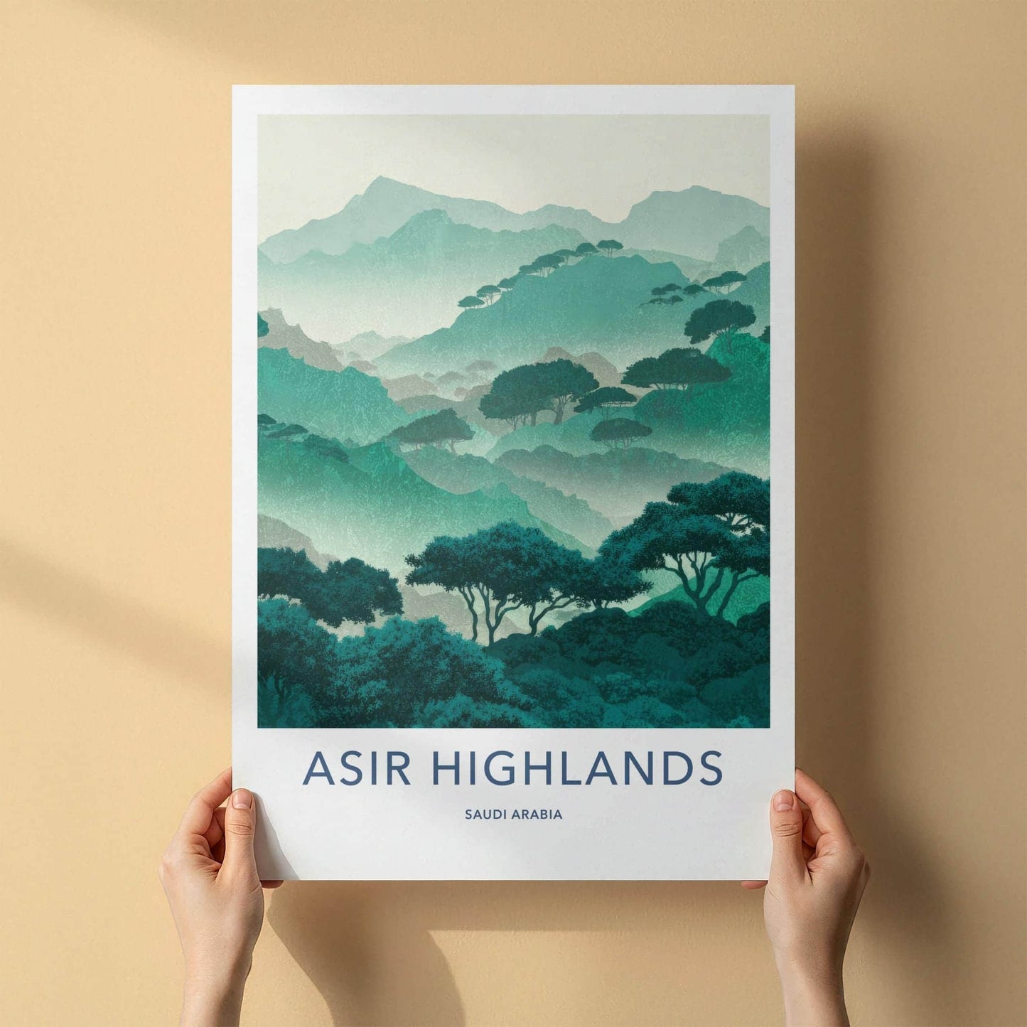 Asir Highlands Poster - Saudi Arabia Travel Art - Misty Mountain Trees Home Decor