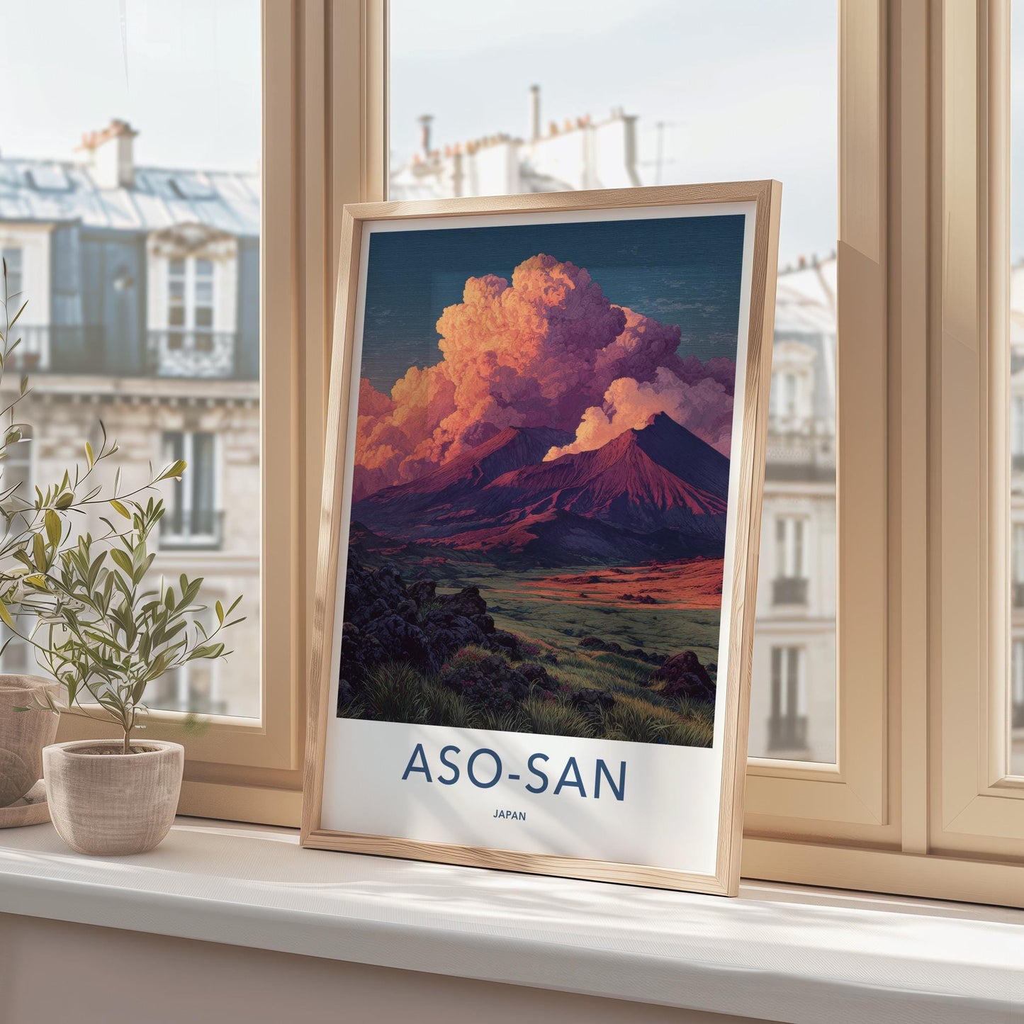 Aso-san Poster - Japan Scenic Art - Fiery Sky Mountains Home Decor