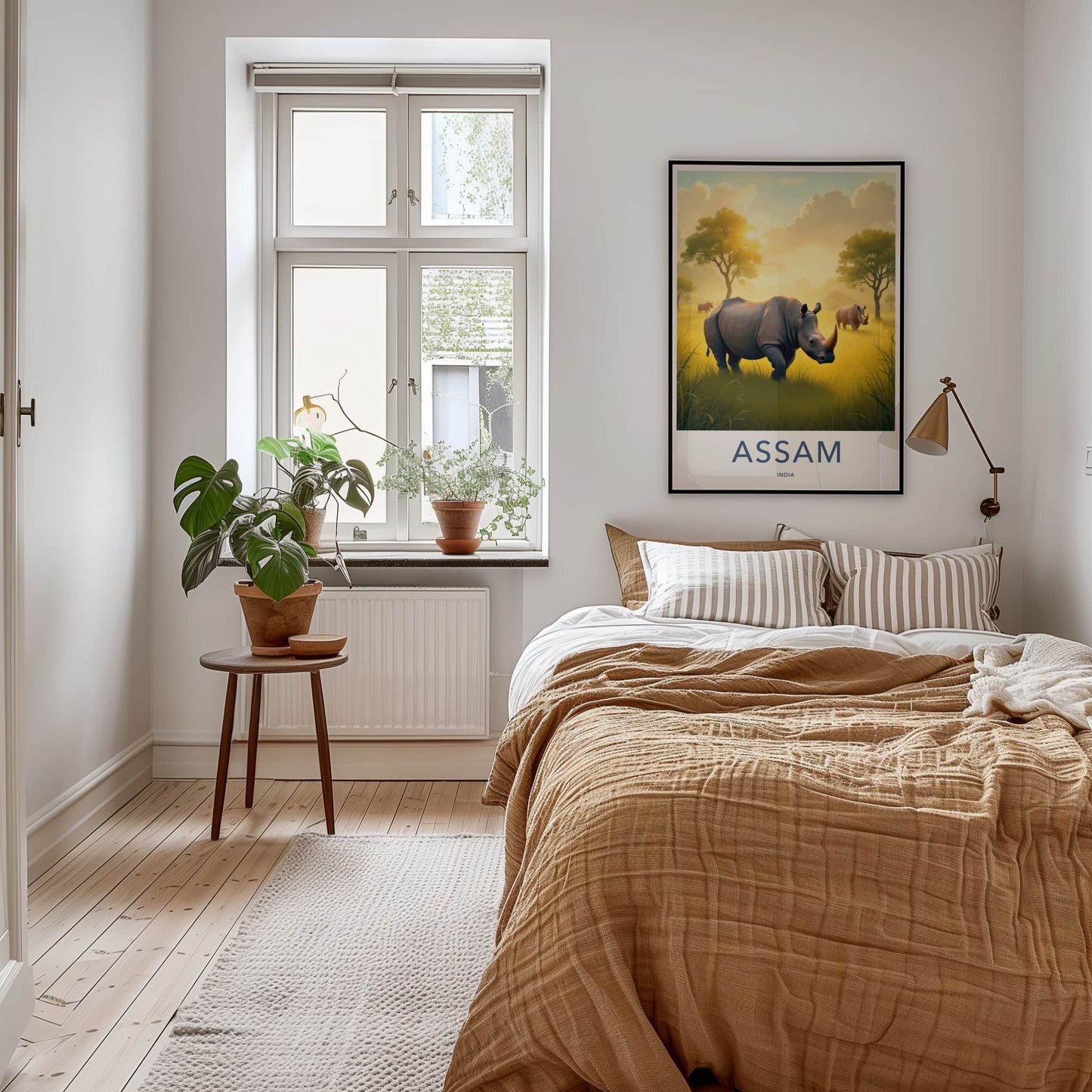 Assam Poster - India Travel Art - Assam Golden Field Rhinos Home Decor