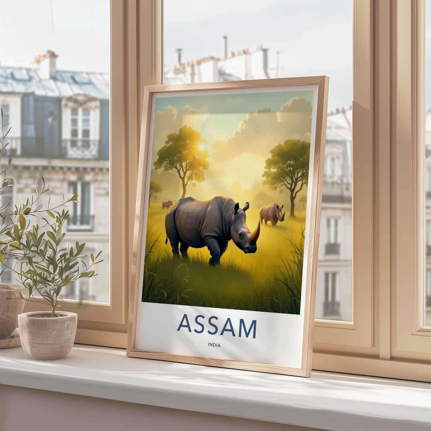 Assam Poster - India Travel Art - Assam Golden Field Rhinos Home Decor