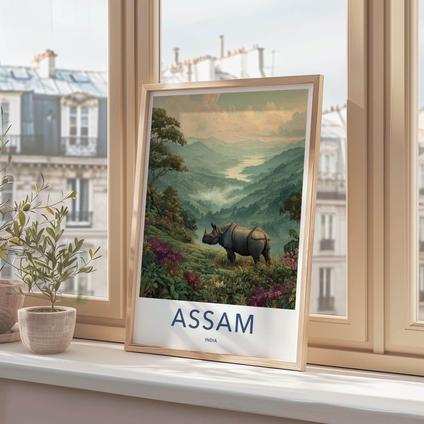 Assam Poster - India Travel Art - Assam Rhinoceros Mountain View Home Decor