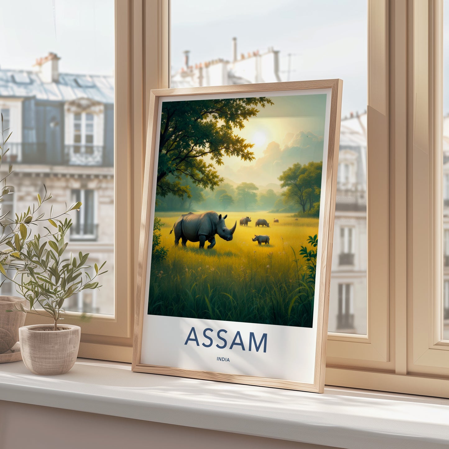 Assam Poster - India Travel Art - Assam Rhinos Golden Sunset Home Decor