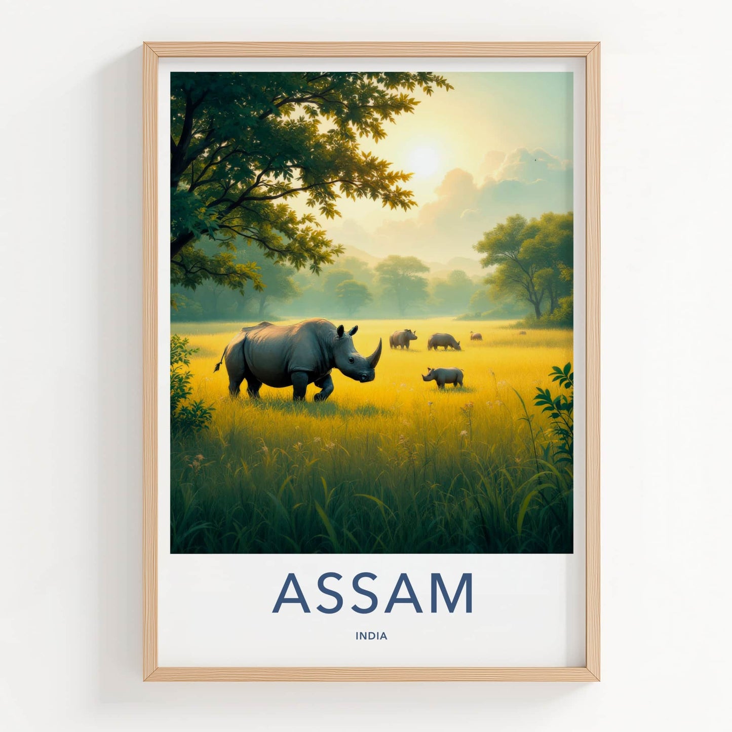Assam Poster - India Travel Art - Assam Rhinos Golden Sunset Home Decor