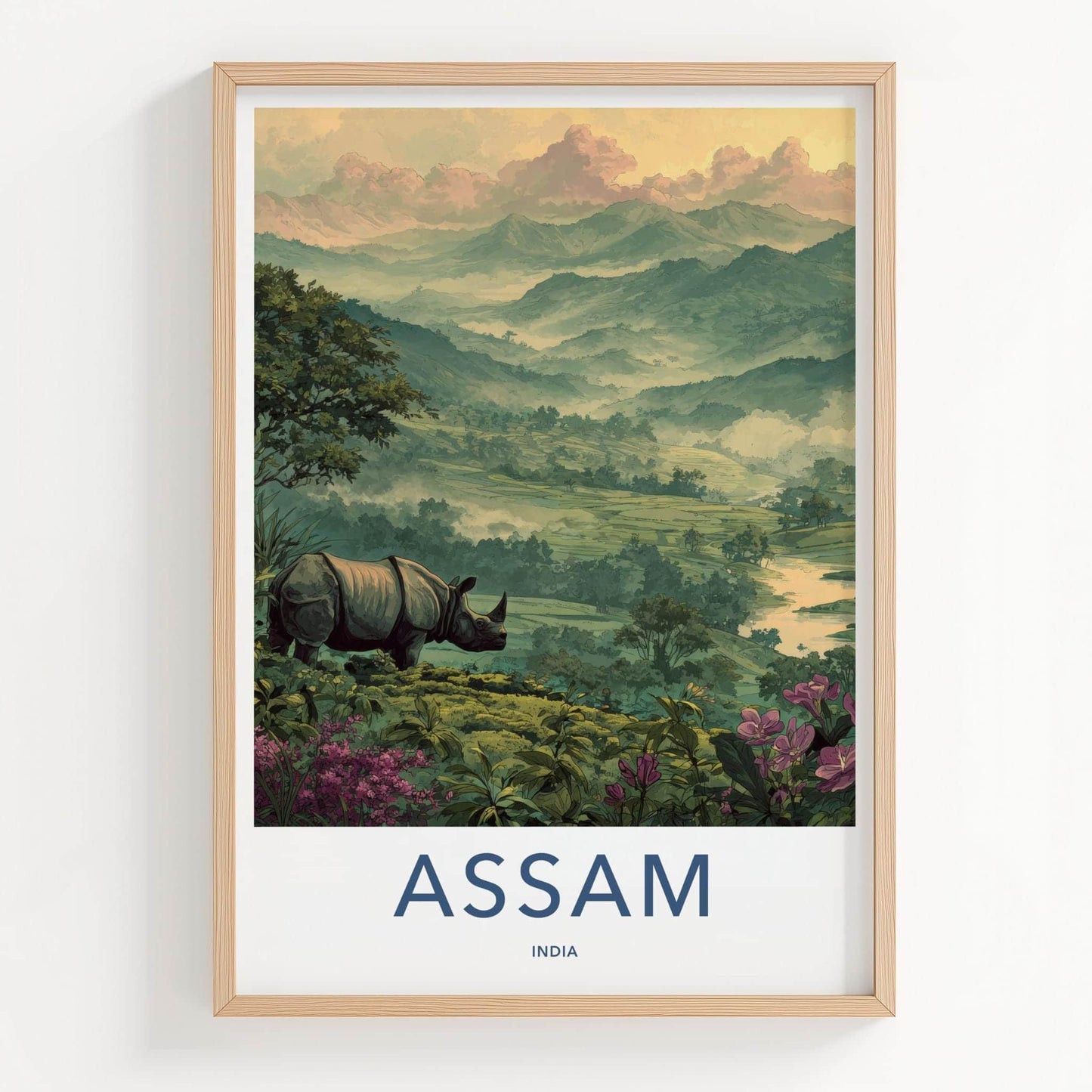 Assam Poster - India Travel Art - Rhino Misty Mountains Wall Decor