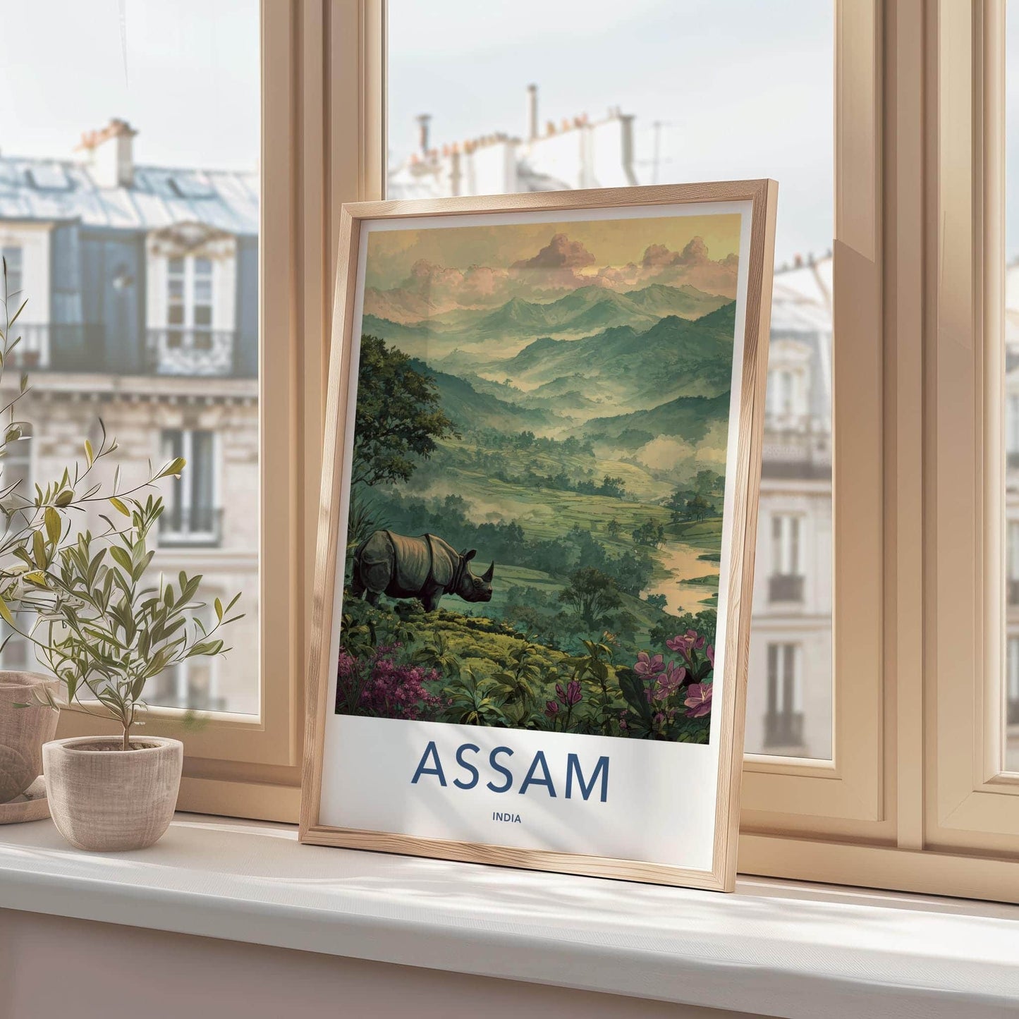 Assam Poster - India Travel Art - Rhino Misty Mountains Wall Decor