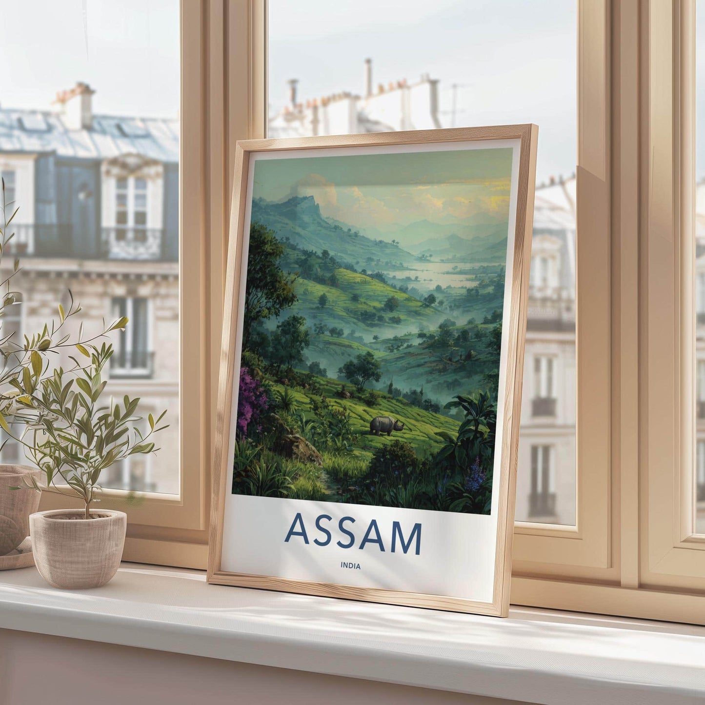 Assam Poster - India Travel Art - Rhinoceros lush hills Wall Decor
