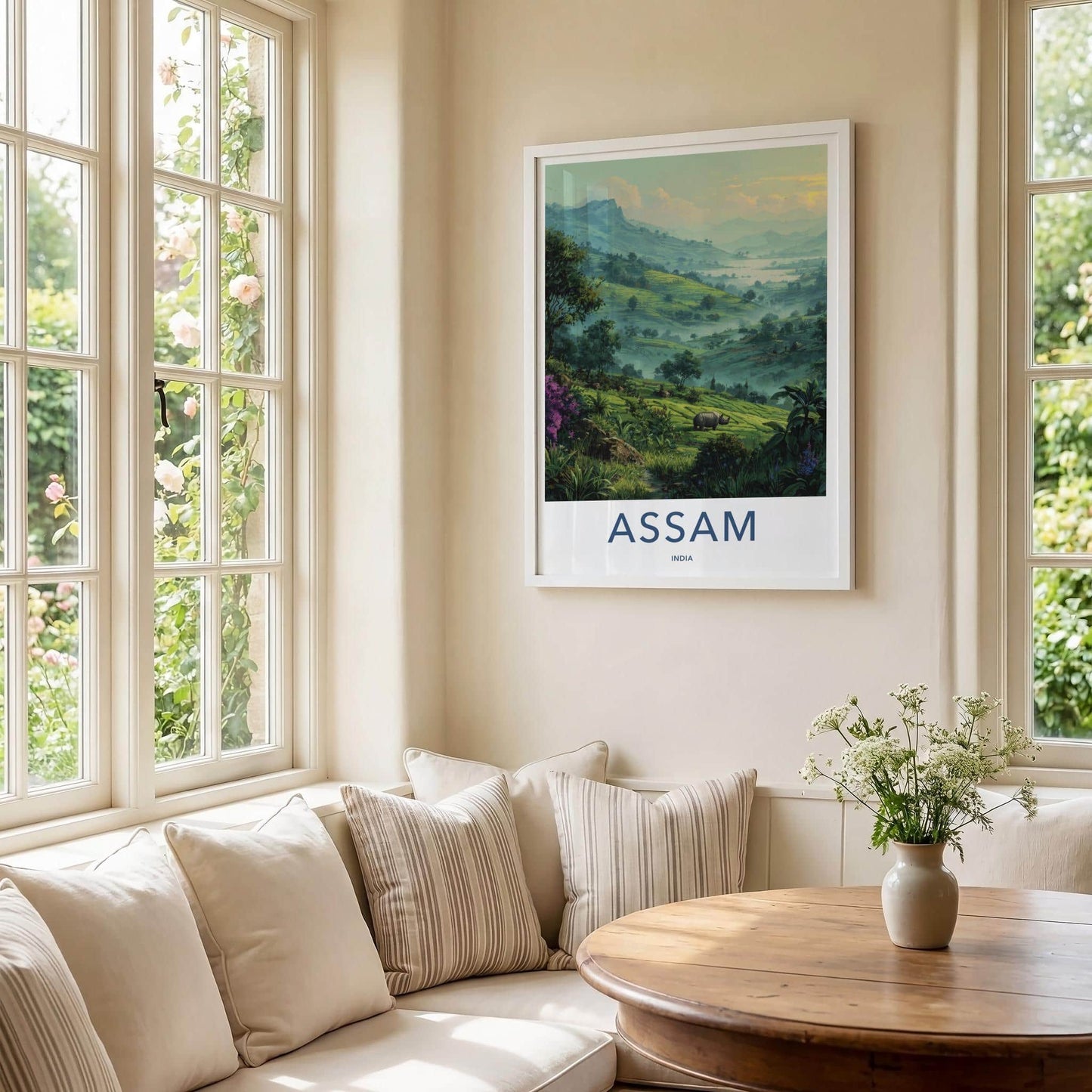 Assam Poster - India Travel Art - Rhinoceros lush hills Wall Decor