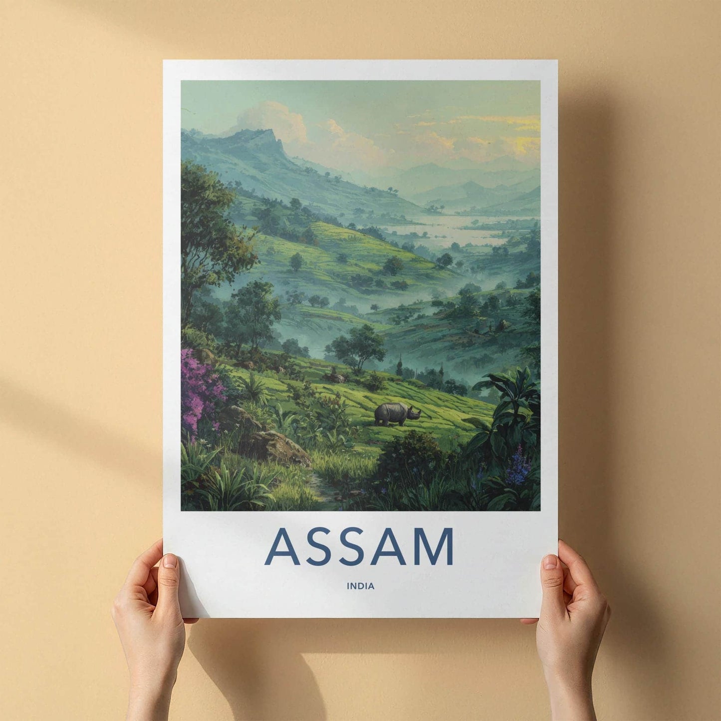 Assam Poster - India Travel Art - Rhinoceros lush hills Wall Decor