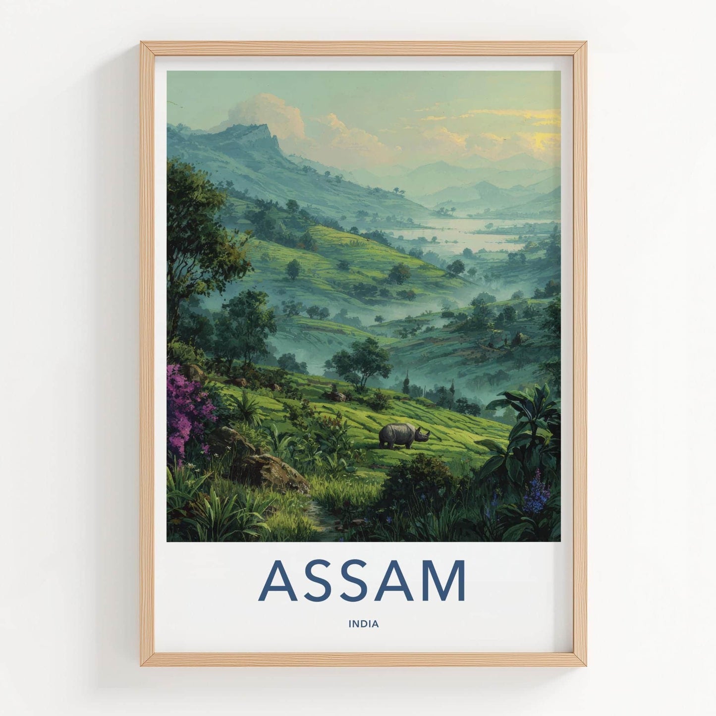 Assam Poster - India Travel Art - Rhinoceros lush hills Wall Decor