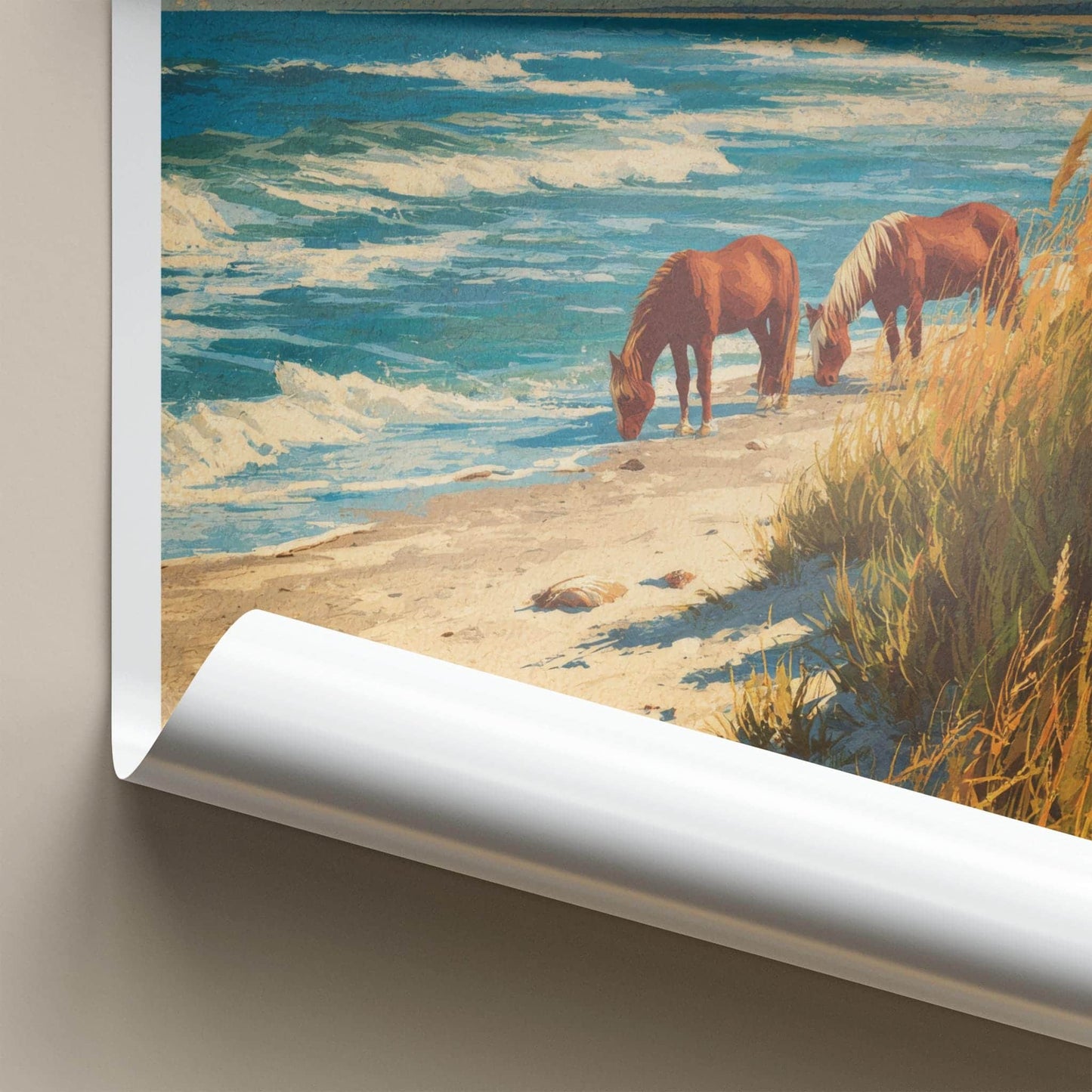 Assateague Poster - Maryland Art Print - Beach Grazing Horses Wall Decor