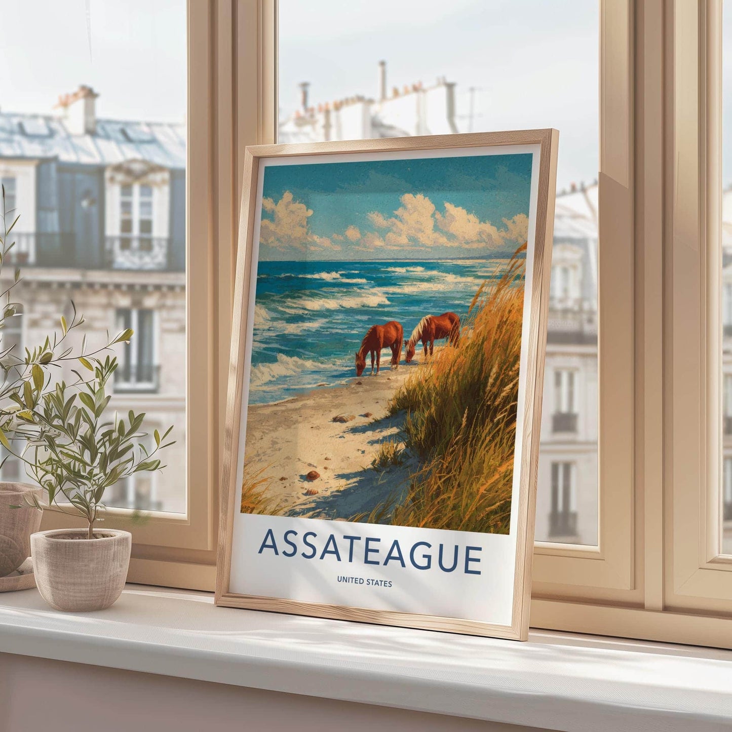 Assateague Poster - Maryland Art Print - Beach Grazing Horses Wall Decor