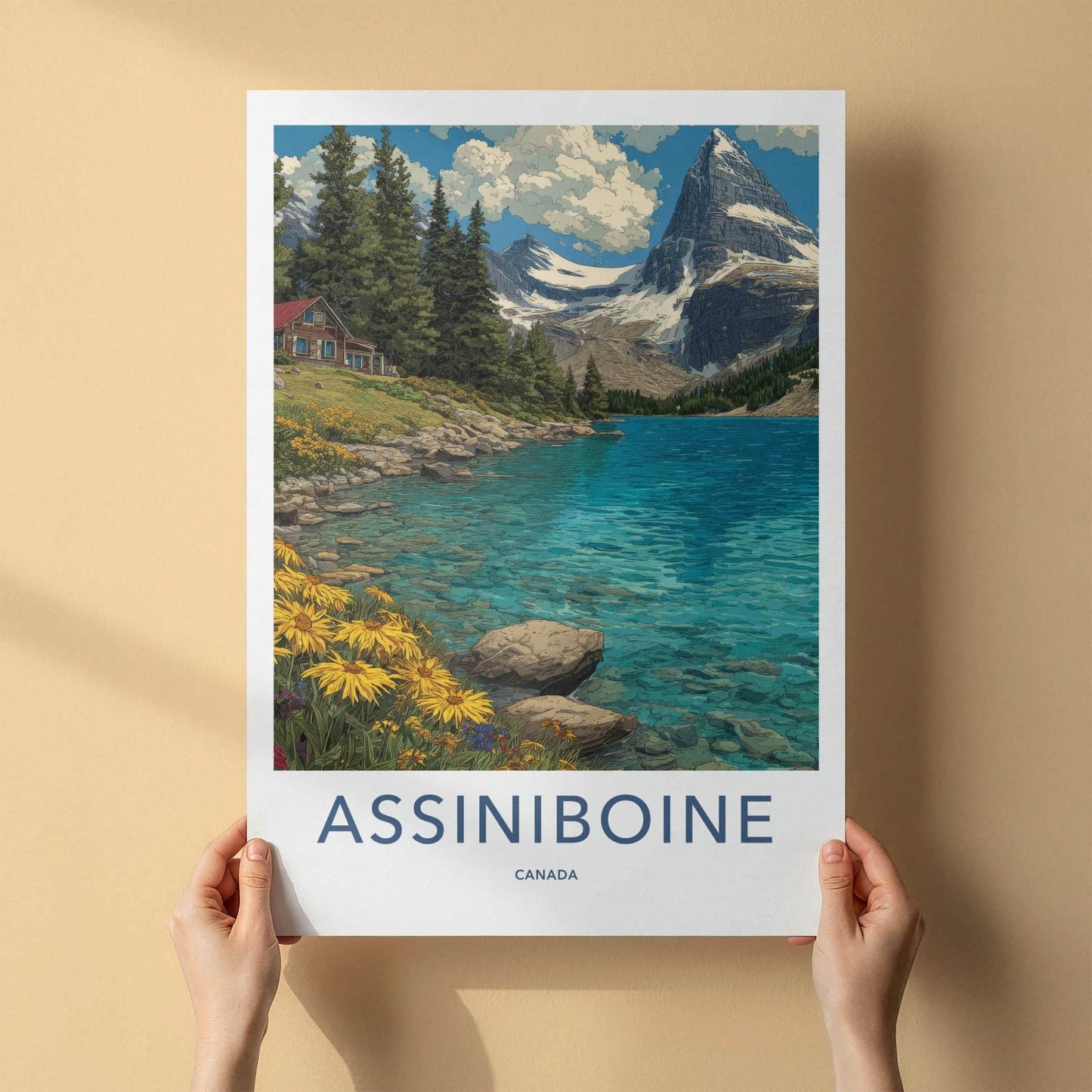 Assiniboine Poster - Canada Travel Art - Lake Mountain Cabin Wall Decor