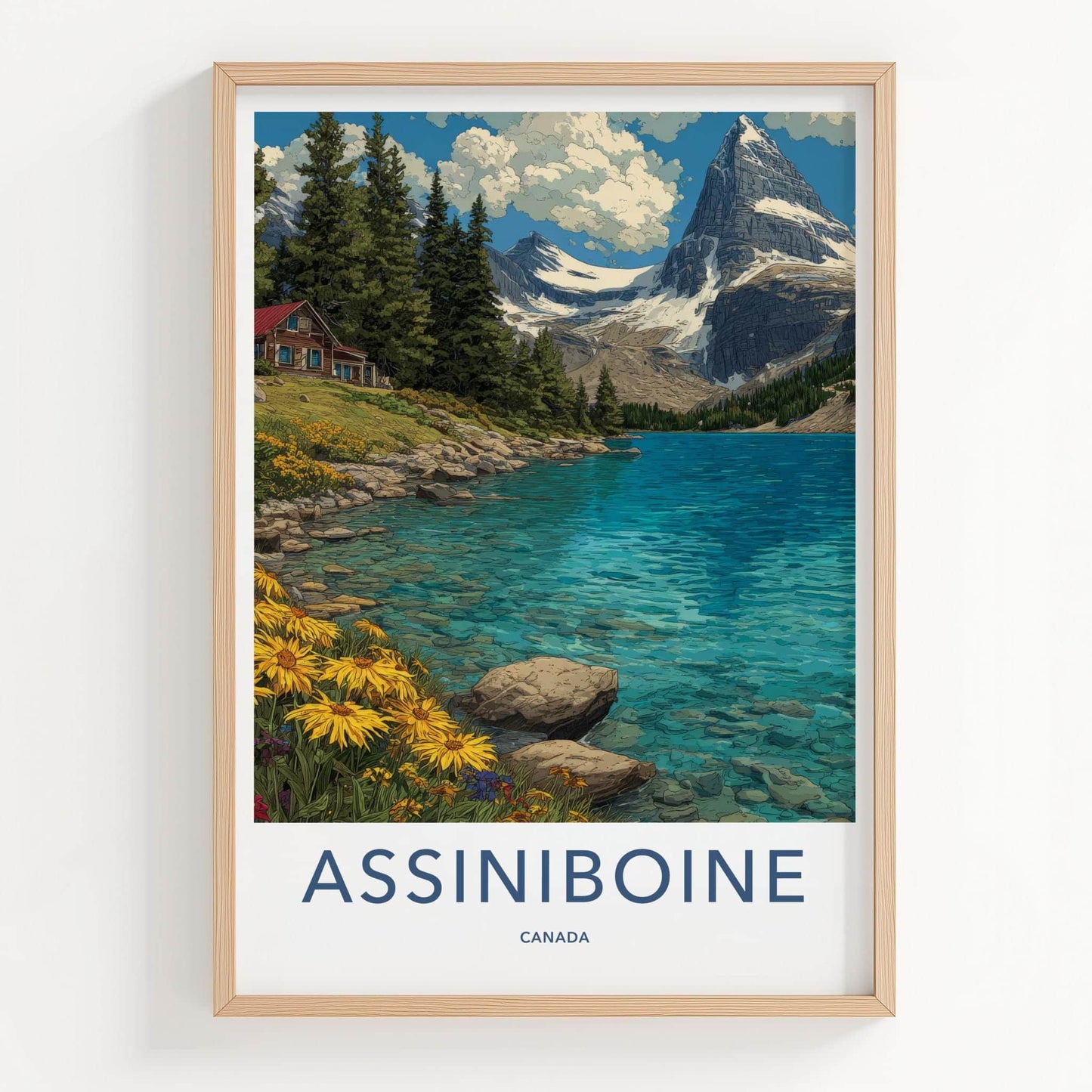 Assiniboine Poster - Canada Travel Art - Lake Mountain Cabin Wall Decor