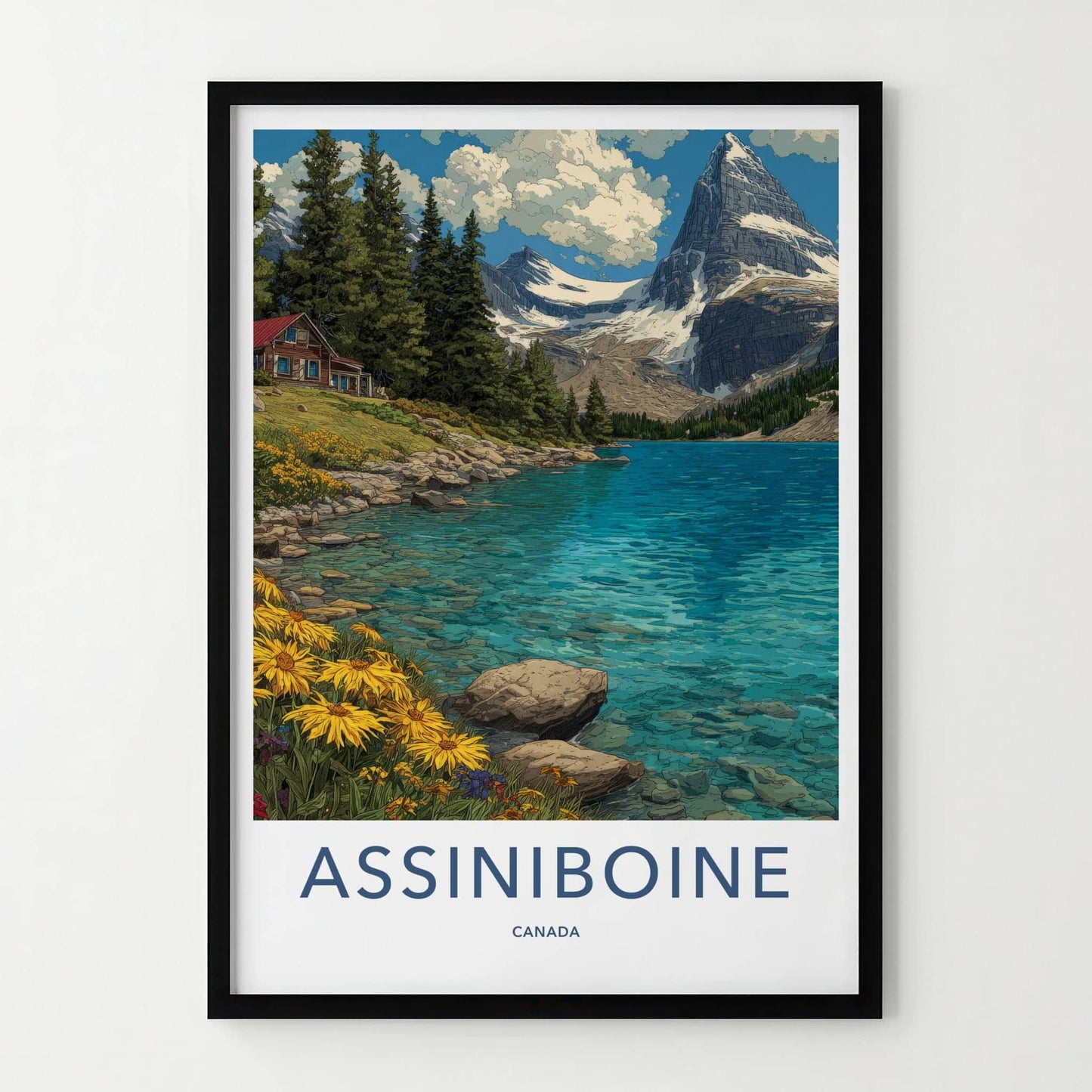 Assiniboine Poster - Canada Travel Art - Lake Mountain Cabin Wall Decor