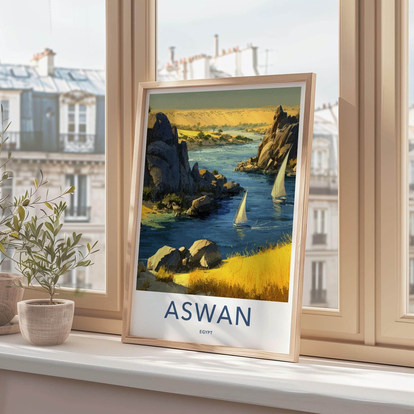 Aswan Poster - Egypt Framed Print - Nile River Boats Lounge Decor