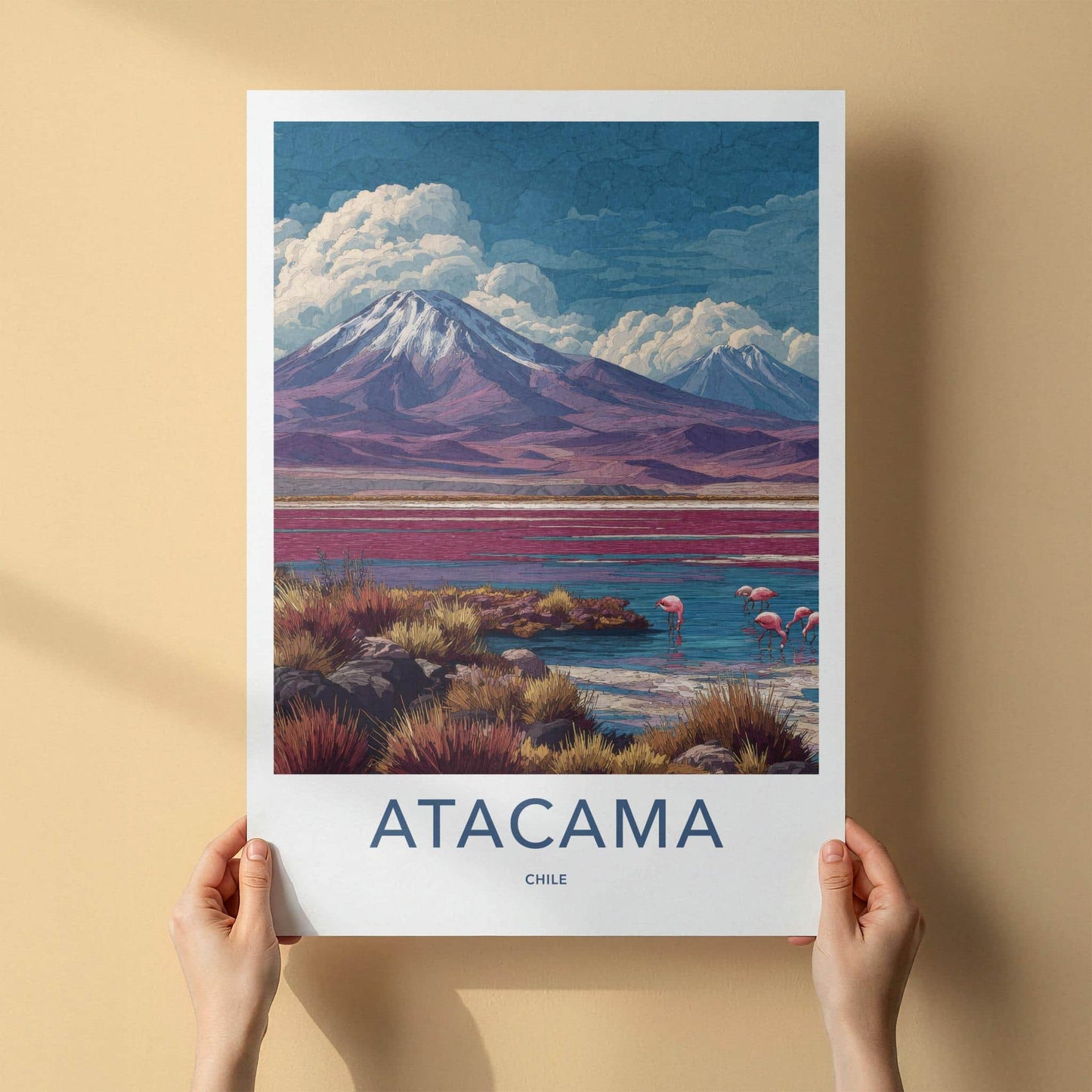 Atacama Poster - Chile Travel Art - Mountain Lake Flamingos Wall Decor