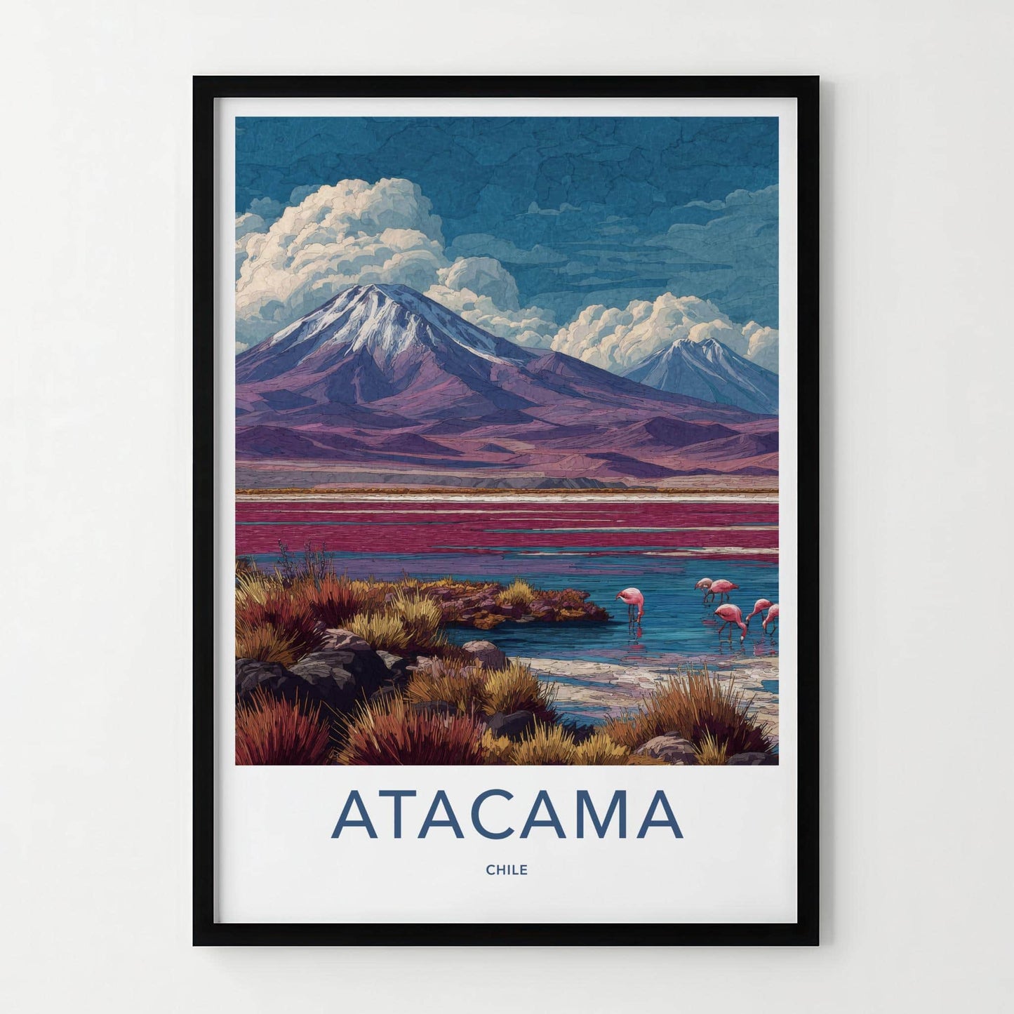 Atacama Poster - Chile Travel Art - Mountain Lake Flamingos Wall Decor